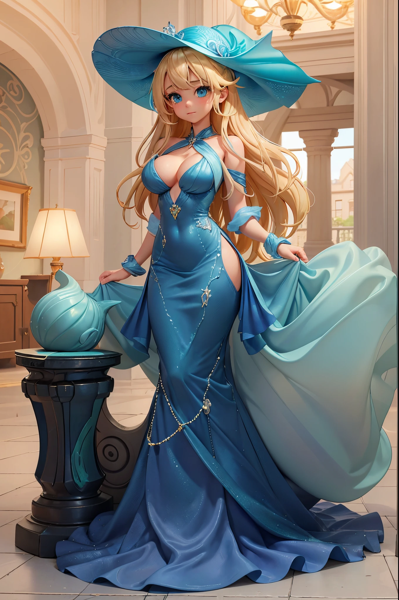 1 girl in, blonde  hair, Longhaire, Bangs coming out of the forehead, Light green eyes, blue headwear, 耳Nipple Ring, Beautiful expression, Delicate eyes, Blue Night Sky Mermaid Dress, (((exposed breast))), doress, Beautiful antique interior, (Standing picture, full body Esbian), [[[[multiple arms]]]], [[[[Bad face]]]]