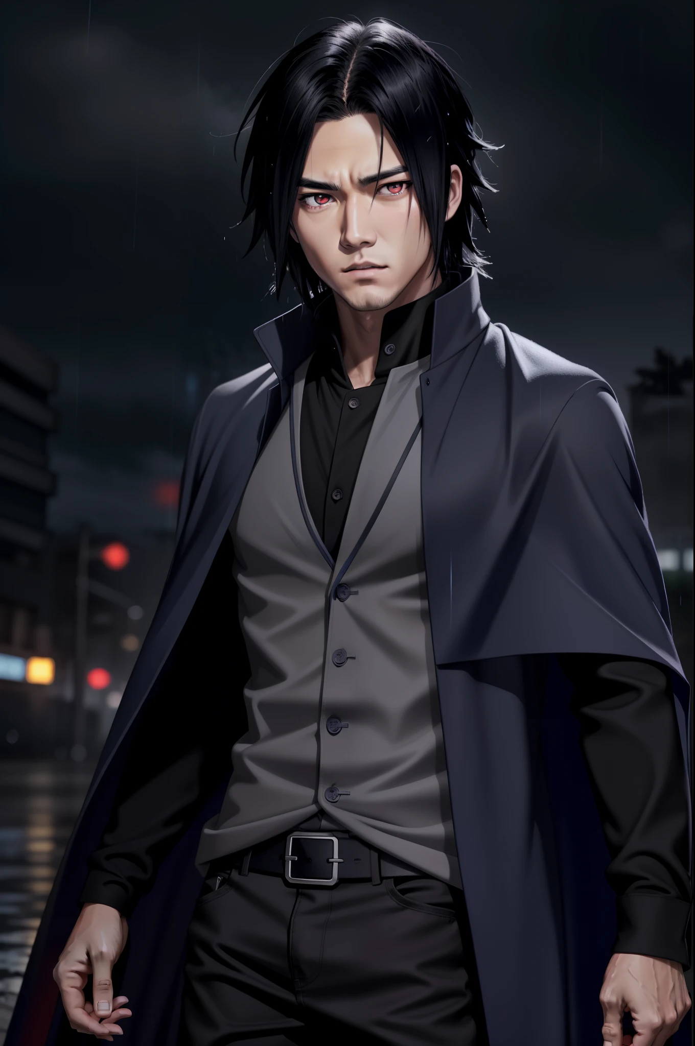 Sasuke Boruto, masculine male, muscular male, black hair, large pectorals, blue cape closed with purple vest underneath, long sleeve grey shirt, solo, outdoors, rain, neon city, red eyes, volumetric lighting, best quality, masterpiece, intricate details, tonemapping, sharp focus, hyper detailed, realistic,