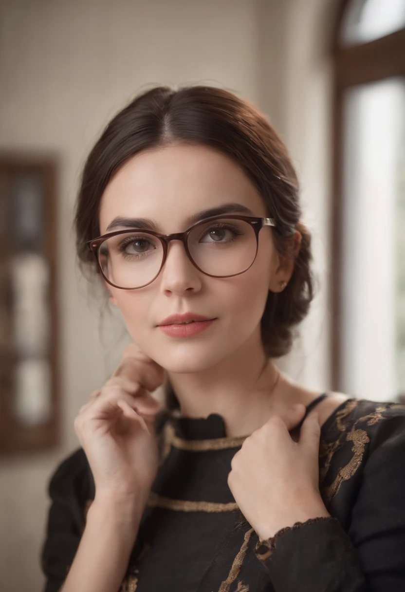 Cinematic portrait, ((medium close-up)), facing the audience, (Reality :1.4), a woman looking into the camera, female librarian, librarian costume, glasses, detailed beautiful face, action shot, hospital background, daytime, photo realistic, CG, art station, masterpiece, HD photography
