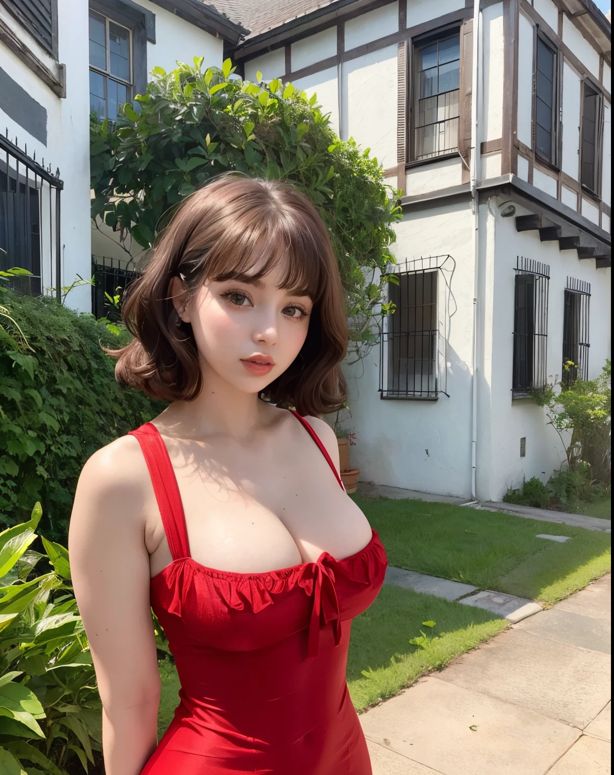 Mujer araffe con un vestido rojo posando para una foto frente a una casa., en un vestido rojo, sujetador rojo, Charli XCX, tetona, con pelo corto con flequillo, con flequillo, joven hermosa amouranth, Chica lleva un vestido rojo, better known as amouranth, Cabello limpio con flequillo, Vestido rojo sexy, con flequillo completo