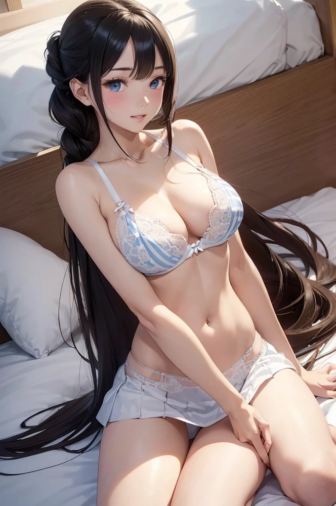 Mamimi Tanaka,Mamimi Tanaka,,Official art, (very precise details,Ultra High Resolution:1.5),(Highly detailed CG Unity 8K:1.5),(A slender:1.5),Perfect litthing,colourfull,Bright Front face Illuminating,laying on back,(Lisa Hijirigaoka:1.5),(Perfect female body:1.4),(Spread legs:1.1),(Long hair:1.4),(sharpnes:1.4),(Curve,Model,glamor:1.5),(H Cup Bust:1.4),(Realistic, hyper realisitic:1.5),(beautiful hands of a woman:1.4),(Bedroom,on the bed:1.4),White underwear,(A slender:1.4),(sharpnes:1.5),(beutiful breast,perfect chest,appealing breasts,Round chest of drawers:1.2),(parted_Lips:1.4),(sitting on,Kneel:1.4),(Infirmary,White bed:1.5),(Seductive smile:1.4),(Bangs parted in the middle, Hair pulled back:1.5),(White underwear:1.4),(Highly detailed bra,Rajbra,Ren Hao,Lace-trimmed bra,White mini skirt,blue and white striped open shirt),Blue eyes,A dark-haired,clean ears,(Parted bangs:1.3),Looking over here, Anime girl in underwear, a hyperrealistic schoolgirl, beautiful anime high school girl, Seductive Anime Girl, School Girl, Fine details, Cute Schoolgirl, blonde anime girl with long hair, charming anime girls,