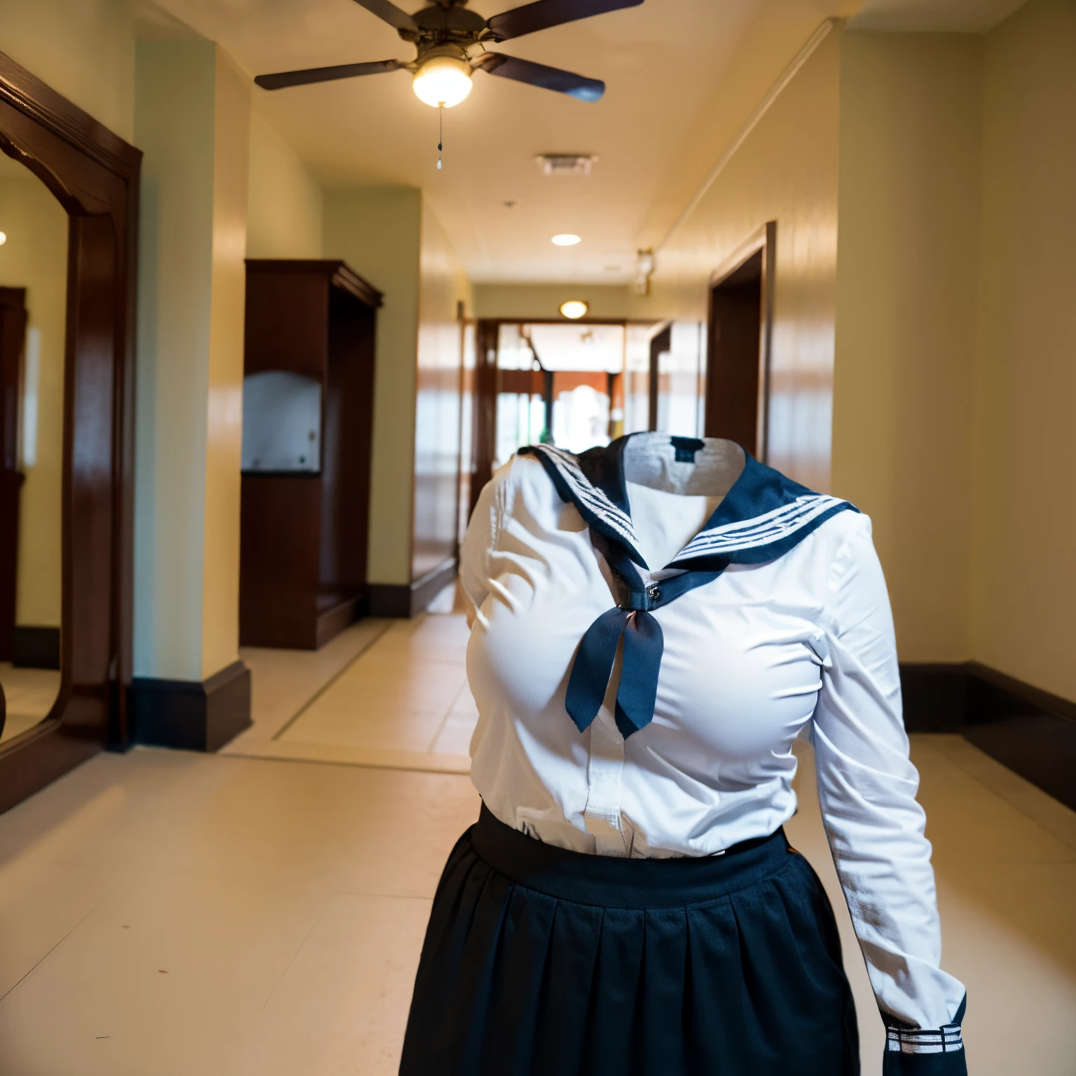 chubby, fat, sailor suit, school uniform, classroom, high school, ((Seductive pose)), (invisible:1.5, no humans:1.5, headless:1.5, faceless:1.5), ((cute huge breasts)), (8k, RAW photo, best quality, masterpiece:1.2), (realistic, photo-realistic:1.37), photon mapping, radiosity, ((Hasselblad photography)), physically-based rendering