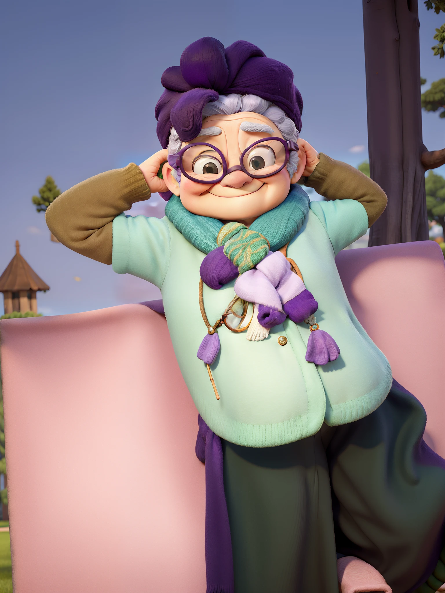 masterpiece, best quality, an old woman with glasses and a scarf on, wearing a purple coat and green scarf, standing at the park