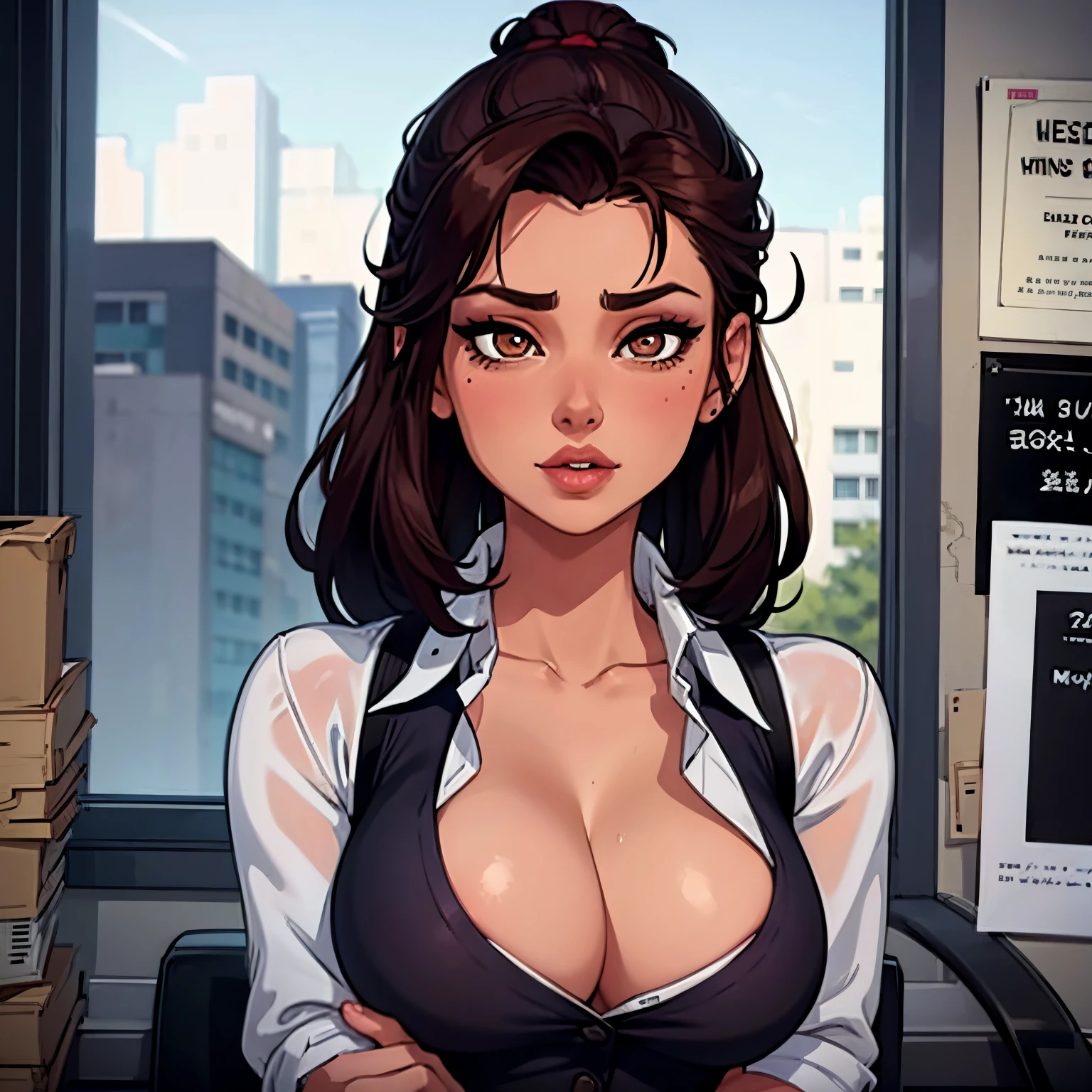 Female busty business woman, brown hair up in a bun, wearing makeup, wearing business outfit, sexy, cute, full lips, wearing lipstick, purple clothing, brown eyes, busty
