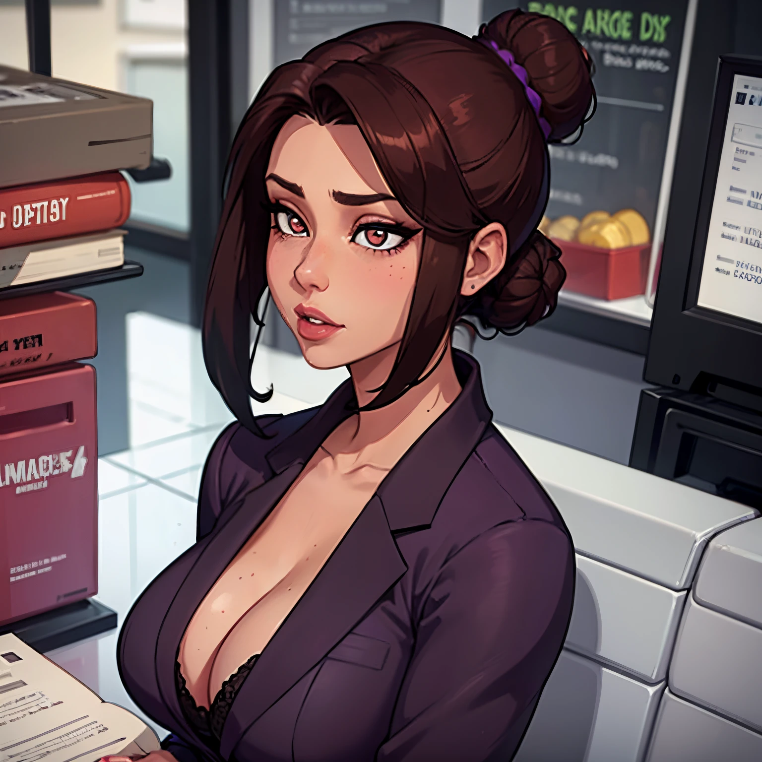 Female busty business woman, brown hair up in a bun, wearing makeup, wearing business outfit, sexy, cute, full lips, wearing lipstick, purple clothing, brown eyes, busty
