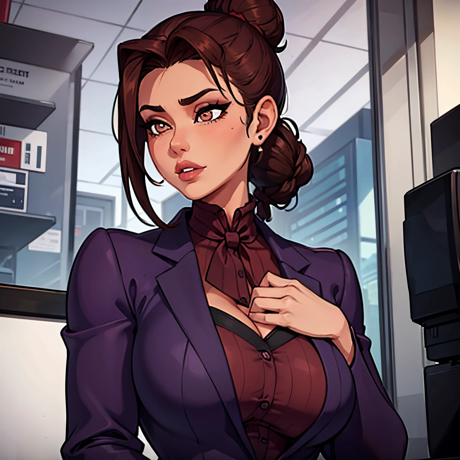 Female busty business woman, brown hair up in a bun, wearing makeup, wearing business outfit, sexy, cute, full lips, wearing lipstick, purple clothing, brown eyes, busty