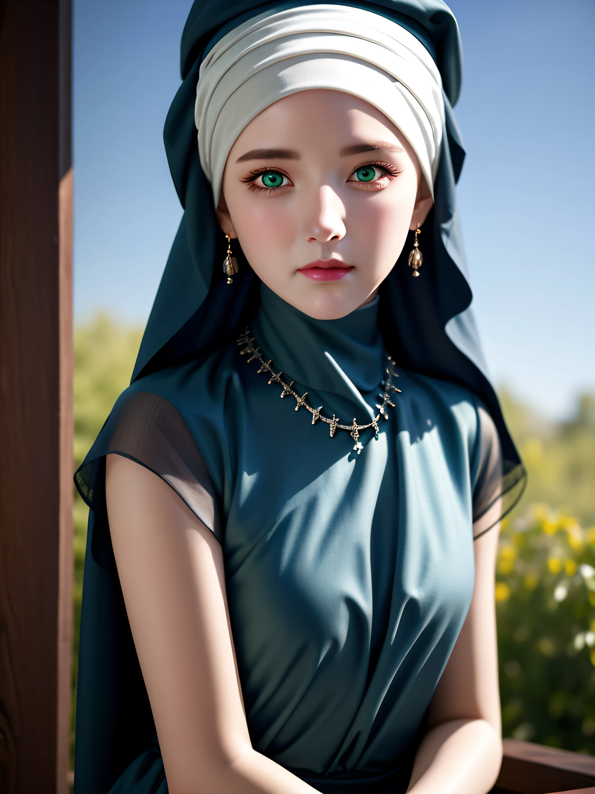 best quality, masterpiece, highres, moslem female blue dress, necklace, jewelry, Beautiful face, upon body, tyndall effect, photorealistic, dark studio, rim lighting, two tone lighting,(high detailed skin:1.2), 8k uhd, dslr, soft lighting, high quality, volumetric lighting, candid, Photograph, high resolution, 4k, 8k, Bokeh, (hyperrealistic girl), (illustration), (high resolution), (8K), (extremely detailed), (best illustration), (beautiful detailed eyes), (best quality), (ultra-detailed), (masterpiece), (wallpaper), (photorealistic), (natural light), (rim lighting), (detailed face), (high detailed realistic skin texture), (anatomically correct), (solo), (1 girl), (heterochromic eyes), (detailed eyes), (green eyes:1.37), (sparkling eyes), (long legs), (big breasts), (dynamic pose), (closed tiny mouth:1.3), (concentrated expression), (wearing hijab:1.4), moslem headscarf