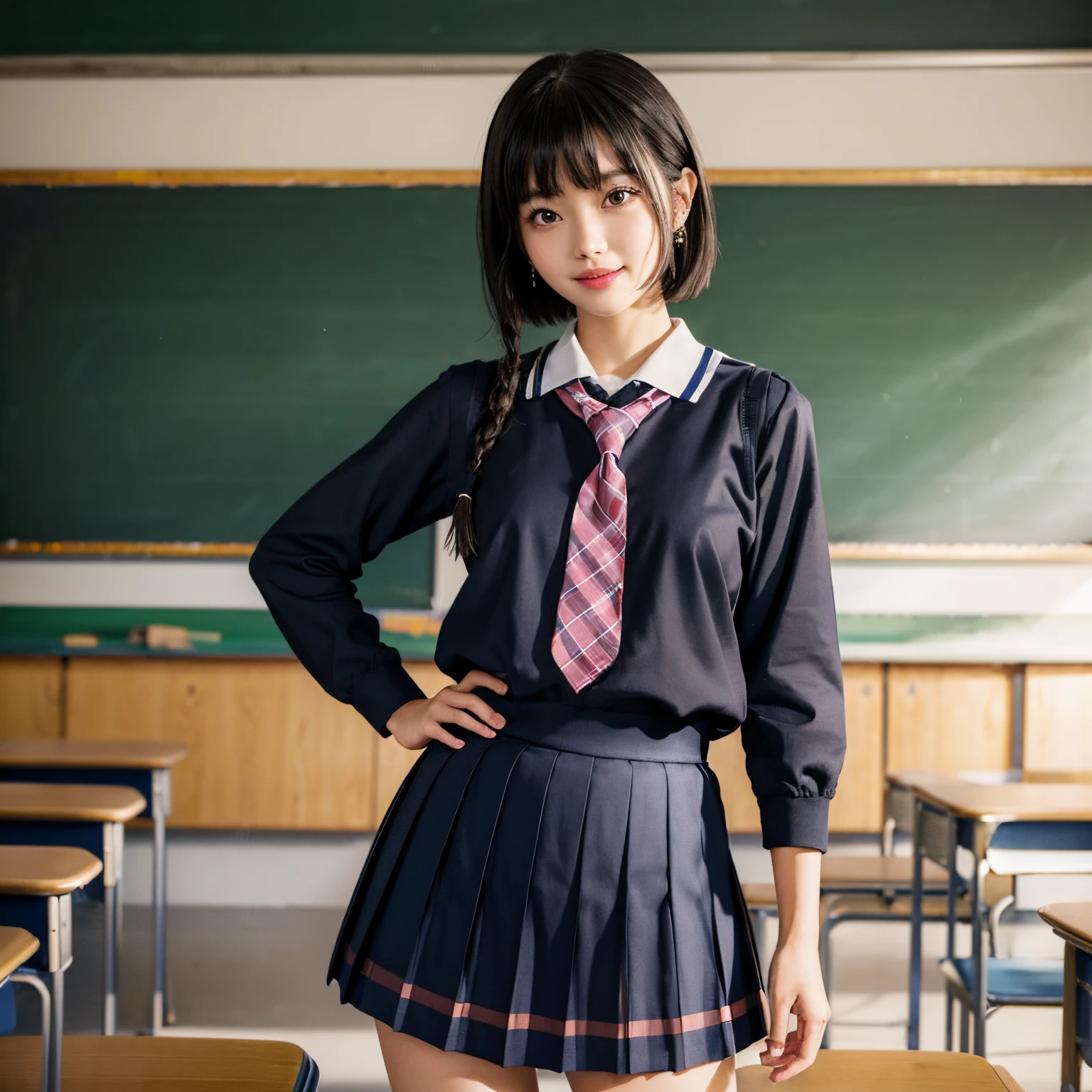 (masterpiece, best quality:1.37), highres, ultra-detailed, ultra-sharp, BREAK, Japanese school girl model, 1girl, (black hair, short hair, bangs), blue eyes, jewelry, earrings, piercing, BREAK, ((detailed school girl uniform:1.5), collard sailor shirt, pleats skirt, lovely look), grin, light smile, parted lips, pink lipstick, BREAK, standing, cowboy shot, arms behind back, arms behind on hip, detailed human hands, HDTV:1.2, ((detailed school room background:1.3)), 8 life size, slender, anime style, anime style school girl, perfect anatomy, perfect proportion, inspiration from Kyoto animation and A-1 picture,