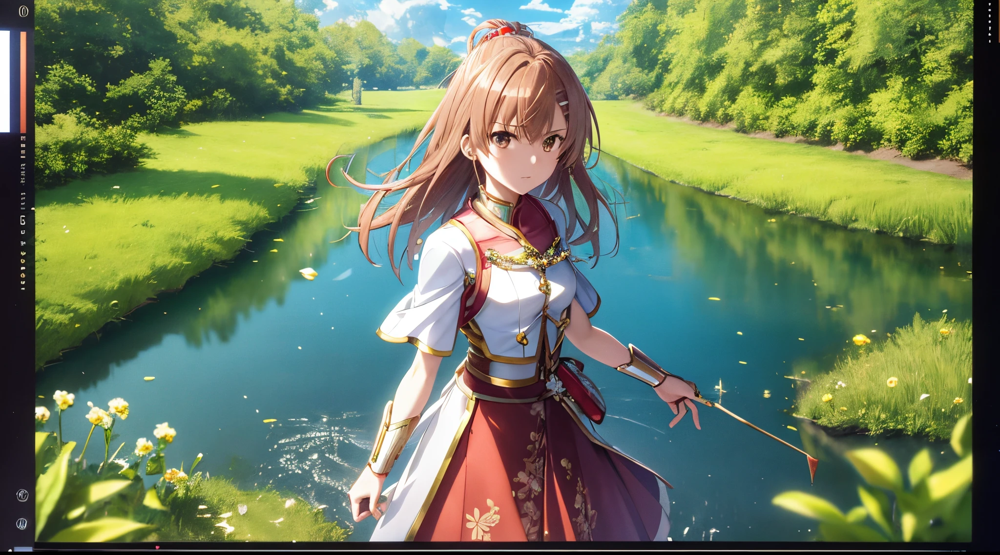 Misaka mikoto, 1girl, teen girl, kawaii, solo, chestnut hair, hairpin,brown eyes, standing, looking at viewer,golden saint seiya armor,praying beads on neck, long skirt,flowers field river in background,anime style,deep depth of field,wide angle view,Lumen Reflections,Screen Space Reflections,Diffraction Grading,Chromatic Aberration,GB Displacement,Scan Lines,Ray Traced,Anti-Aliasing,FXAA,TXAA,RTX,SSAO,Shaders,OpenGL-Shaders,GLSL-Shaders,Post Processing,Post-Production,cell Shading,Tone Mapping,CGI,VFX,SFX,insanely detailed and intricate, 4K