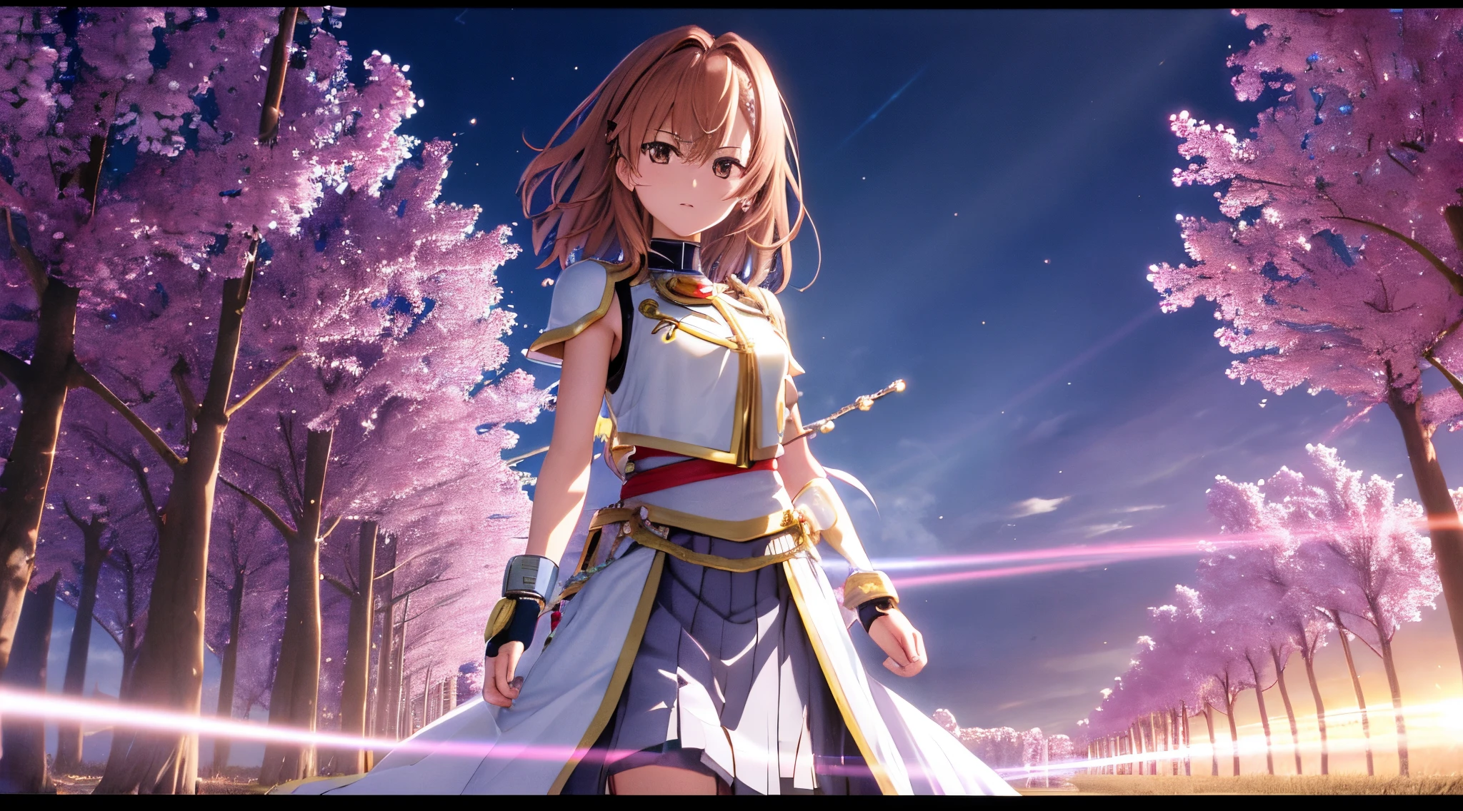 Misaka mikoto, 1girl, girl, kawaii, solo, chestnut hair, hairpin,brown eyes, standing, looking at viewer,golden saint seiya armor,praying beads on neck, long skirt,flowers field river in background,anime style,deep depth of field,wide angle view,Lumen Reflections,Screen Space Reflections,Diffraction Grading,Chromatic Aberration,GB Displacement,Scan Lines,Ray Traced,Anti-Aliasing,FXAA,TXAA,RTX,SSAO,Shaders,OpenGL-Shaders,GLSL-Shaders,Post Processing,Post-Production,cell Shading,Tone Mapping,CGI,VFX,SFX,insanely detailed and intricate, 4K