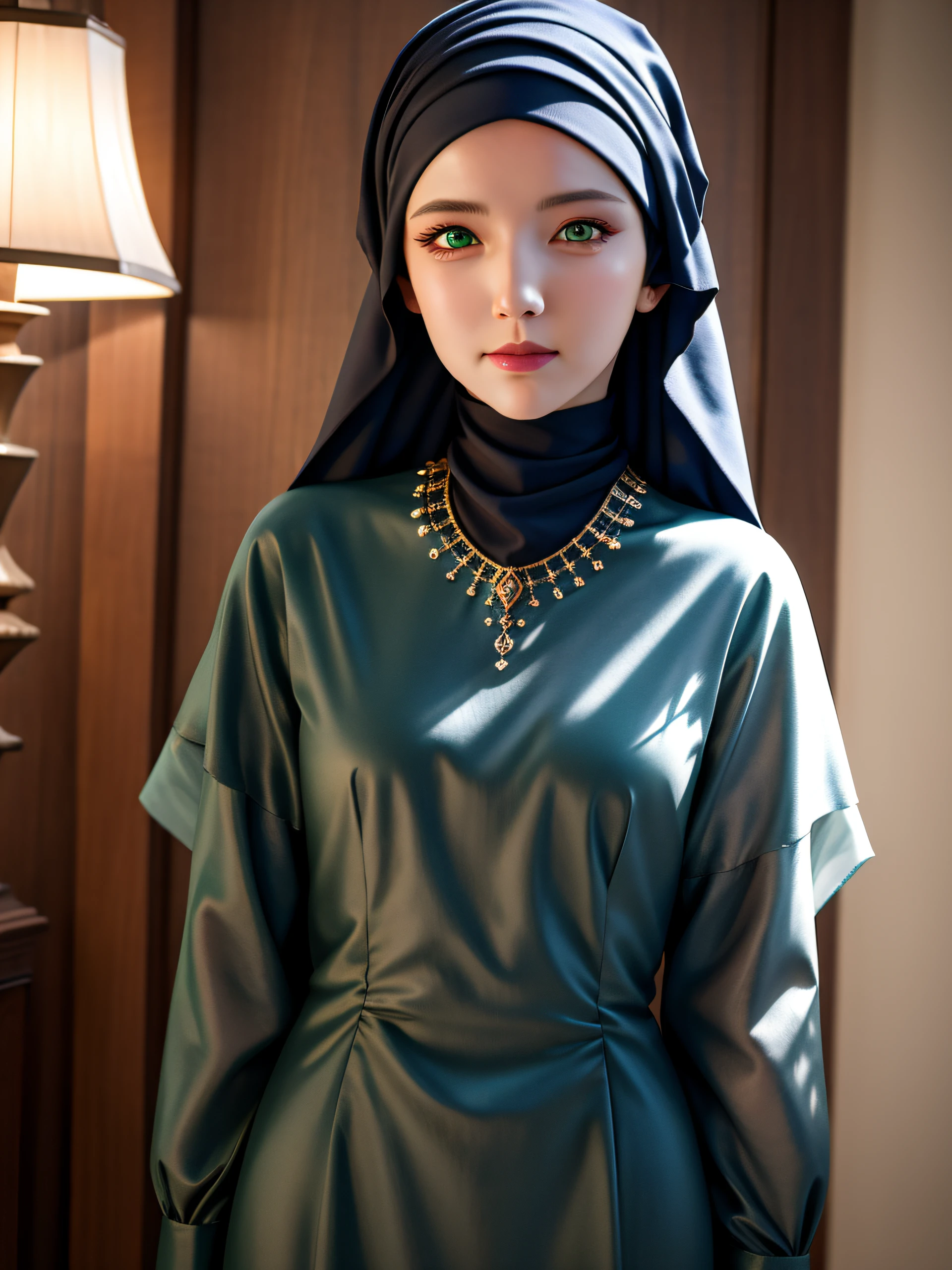 best quality, masterpiece, highres, moslem female blue dress, necklace, jewelry, Beautiful face, upon body, tyndall effect, photorealistic, dark studio, rim lighting, two tone lighting,(high detailed skin:1.2), 8k uhd, dslr, soft lighting, high quality, volumetric lighting, candid, Photograph, high resolution, 4k, 8k, Bokeh, (hyperrealistic girl), (illustration), (high resolution), (8K), (extremely detailed), (best illustration), (beautiful detailed eyes), (best quality), (ultra-detailed), (masterpiece), (wallpaper), (photorealistic), (natural light), (rim lighting), (detailed face), (high detailed realistic skin texture), (anatomically correct), (solo), (1 girl), (heterochromic eyes), (detailed eyes), (green eyes:1.37), (sparkling eyes), (long legs), (big breasts), (dynamic pose), (closed tiny mouth:1.3), (concentrated expression), (wearing hijab:1.4), moslem headscarf