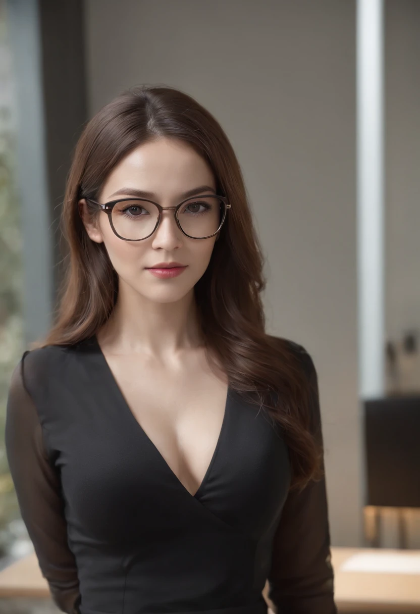Full body, standing, front view, (Reality :1.4), a woman looking into the camera, long wavy hair, female librarian, black bra, black panties, black stockings, black garter belt, glasses, detailed beautiful face, empty office background, daytime, photo realistic, CG, art station, masterpiece, HD photography