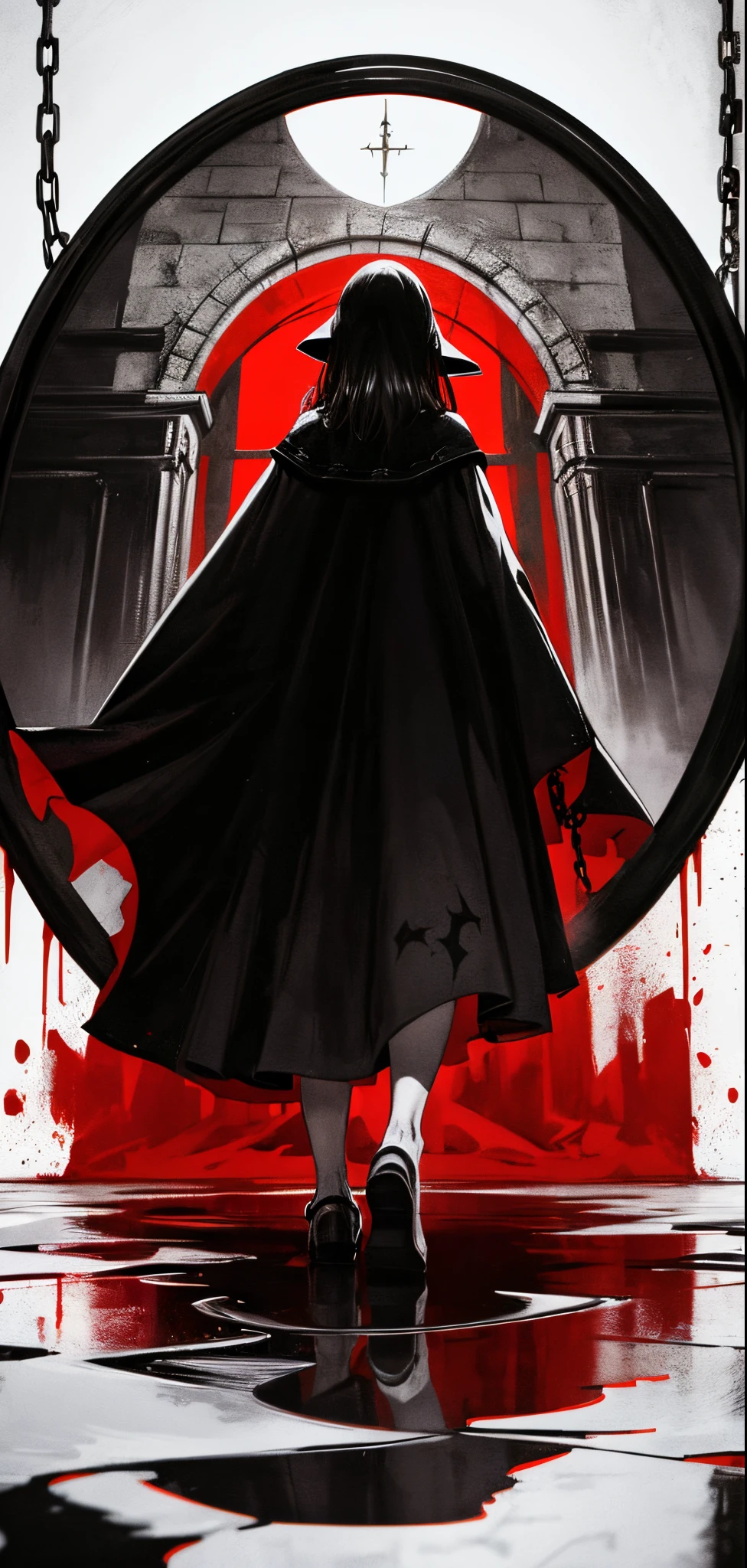 (Best quality at best, terror, high contrast style), Silhouette of a ragged woman, Black and white drawing, Desperate visual impact, Doom is coming, london end, Bell tower chain, Blood red cloak, whitegloves, Mirror-like reflection, Background at Hogwarts School of Witchcraft and Wizardry, ultra - detailed, posterior view, Close-up Shot Shot, Watch from behind，hips close，hori&#39;hori&#39;hori&#39;hori&#39;hori&#39;hori&#39;hori&#39;hori&#39;hori&#39;That's great，gigantic ass，naked ass，crosses
