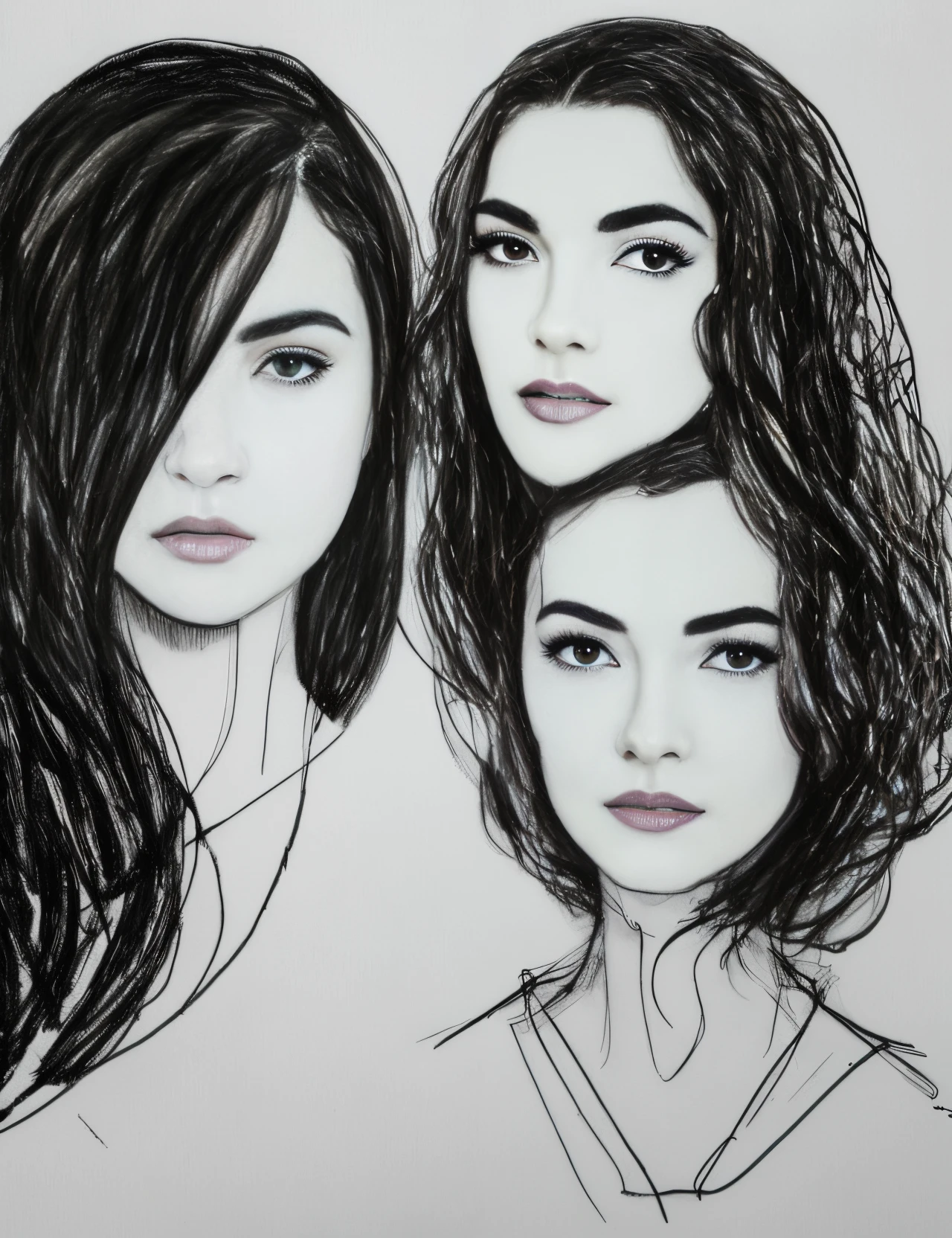 scribble are of 2 woman facing opposite directions. One woman is happy looking and the other woman is serious looking.