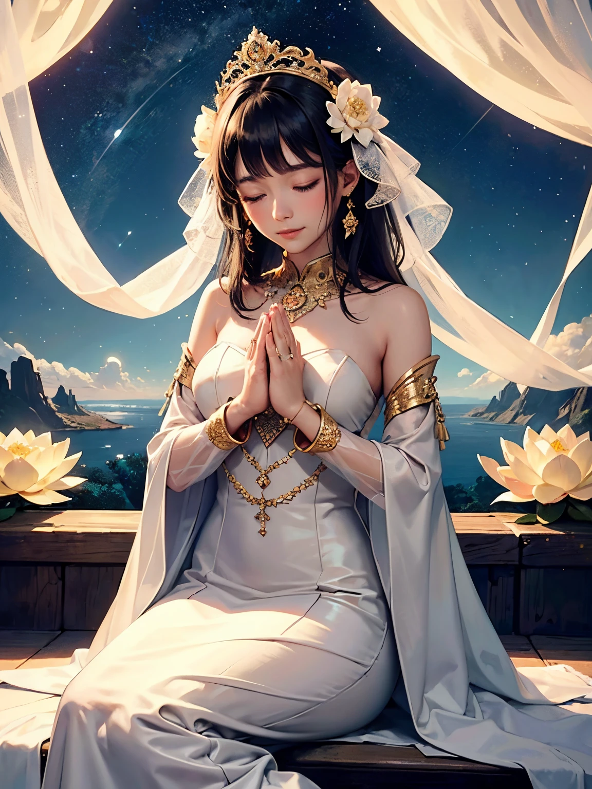(Cinema concept image:1.3), a matured woman with long black hair and a white outfit, (at a rock place in a desert:1.2), (sitting on illuminated magic circle drawing on the ground:1.2, under starly sky:1.3, sitting Indian-styles:1.3, Yoga posing:1.1with cross-legged:1.5, rift and open your arms:1.3, in Arabic ancient ruins:1.3), (floating opened Bible:1.2), Arabic, (Post apocalyptic:0.2), from arknights, artwork in the style of guweiz, bodyesbian, fine details. girls frontline, beautiful anime illustration, from girls frontline, by Yang J, stunning, 28 years old, (milf:1.3), (solo:1.5), (sfw:1.25), (sagging breast, fuge breasts, big , thin waist, big ass:1.2), Raised sexy, (dark mahogany medium short hair, updo, hair over one eye, asymmetric hair, Carly hair, low tied braids),(musulman, white Headscarfs, hair bands, head vandage, Turban), (ultra high resolution, 8K RAW photo, photo realistics, thin outline:1.3, clear focus), best qualtiy, cinematic lighting, textile shading, blurry back ground, field depth, bokeh, (Bright pupils, fine detailed beautiful eyes with highlight:1.3, high detailed face), Red lip, fine realistic skins:1.1, looking at viewers:1.3, (dynamic angle:1.3, front view:1.1, tight focus:1.3, from below:1.2), (dynamic posing:1.5, sexy posing:1.2, leaning forward), ((open your mouth:1.3)), (seductive smiling:1.2), centered image, (wearing white long jacket and clothes, wearing white robes:1.3, ((bare breast:1.37)), platinum ornaments, rolling white clothes around waist, dark brown long leather boots:1.3, translucent lace pantyhose), (((correct anatomy:1.5, perfect anatomy:1.37))), ((outdoor:1.2, in a night:1.3)),