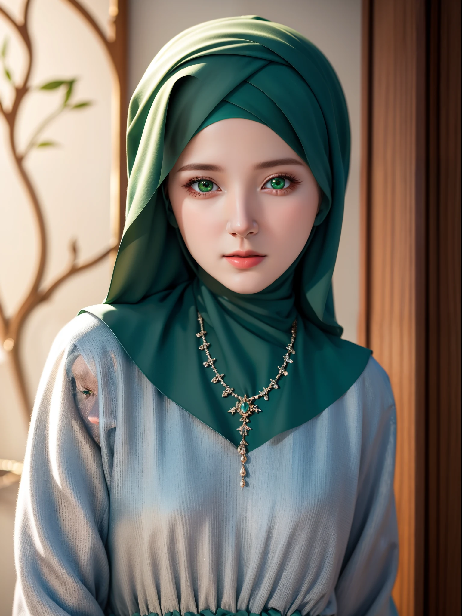 best quality, masterpiece, highres, moslem female blue dress, necklace, jewelry, Beautiful face, upon body, tyndall effect, photorealistic, dark studio, rim lighting, two tone lighting,(high detailed skin:1.2), 8k uhd, dslr, soft lighting, high quality, volumetric lighting, candid, Photograph, high resolution, 4k, 8k, Bokeh, (hyperrealistic girl), (illustration), (high resolution), (8K), (extremely detailed), (best illustration), (beautiful detailed eyes), (best quality), (ultra-detailed), (masterpiece), (wallpaper), (photorealistic), (natural light), (rim lighting), (detailed face), (high detailed realistic skin texture), (anatomically correct), (solo), (1 girl), (heterochromic eyes), (detailed eyes), (green eyes:1.37), (sparkling eyes), (long legs), (big breasts), (dynamic pose), (closed tiny mouth:1.3), (concentrated expression), (wearing hijab:1.4), moslem headscarf