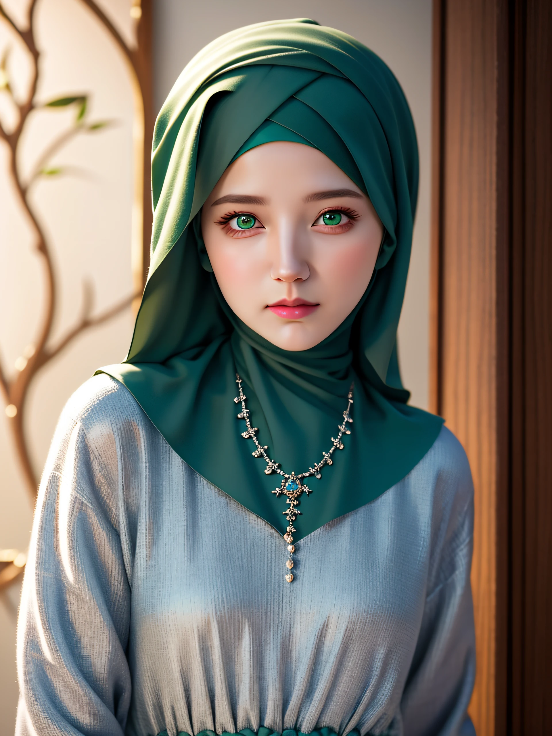 best quality, masterpiece, highres, moslem female blue dress, necklace, jewelry, Beautiful face, upon body, tyndall effect, photorealistic, dark studio, rim lighting, two tone lighting,(high detailed skin:1.2), 8k uhd, dslr, soft lighting, high quality, volumetric lighting, candid, Photograph, high resolution, 4k, 8k, Bokeh, (hyperrealistic girl), (illustration), (high resolution), (8K), (extremely detailed), (best illustration), (beautiful detailed eyes), (best quality), (ultra-detailed), (masterpiece), (wallpaper), (photorealistic), (natural light), (rim lighting), (detailed face), (high detailed realistic skin texture), (anatomically correct), (solo), (1 girl), (heterochromic eyes), (detailed eyes), (green eyes:1.37), (sparkling eyes), (long legs), (big breasts), (dynamic pose), (closed tiny mouth:1.3), (concentrated expression), (wearing hijab:1.4), moslem headscarf