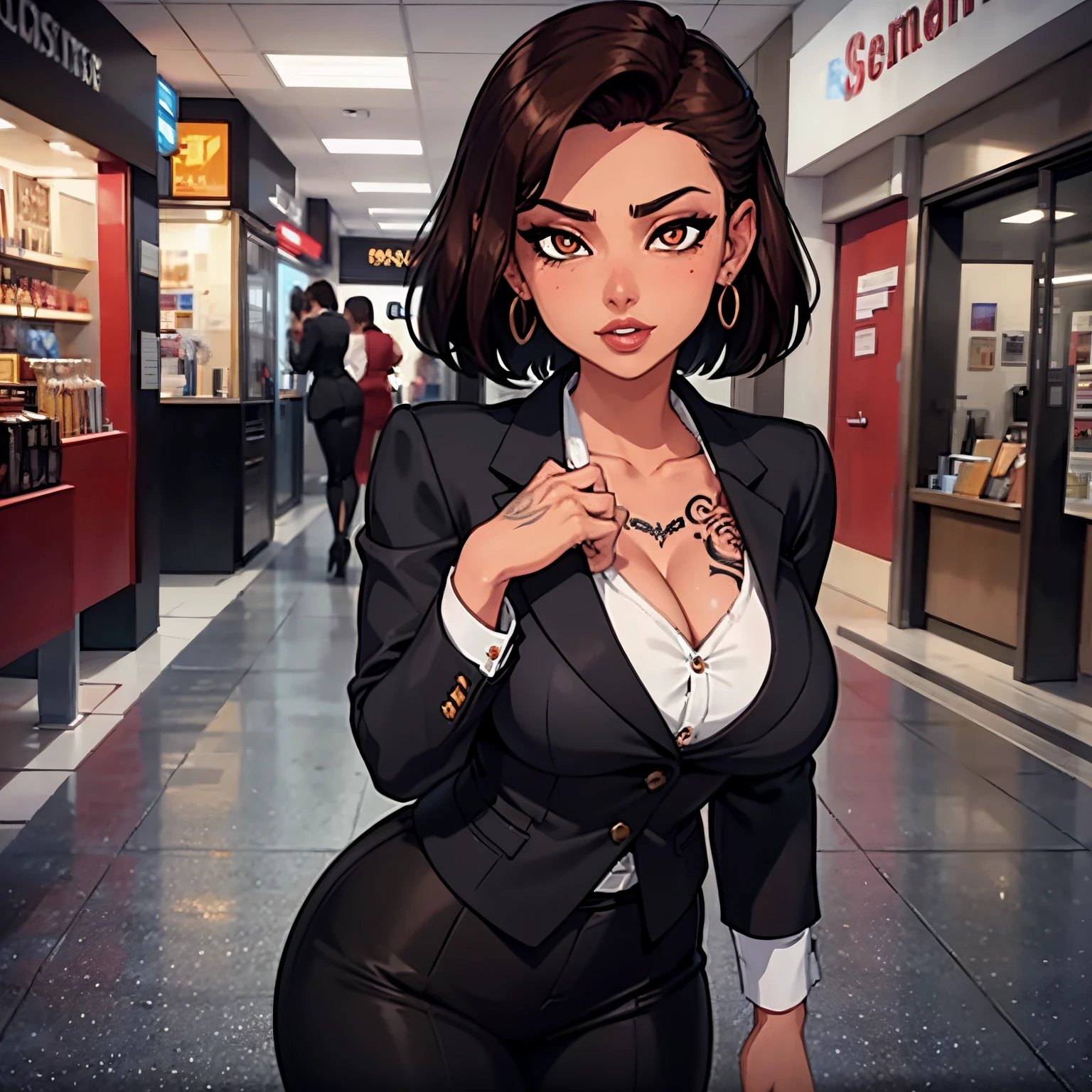 Female busty business woman, short brown hair, wearing makeup, wearing business outfit, sexy, cute, full lips, wearing lipstick, black clothing, brown eyes, busty, has tattoos, wearing earrings