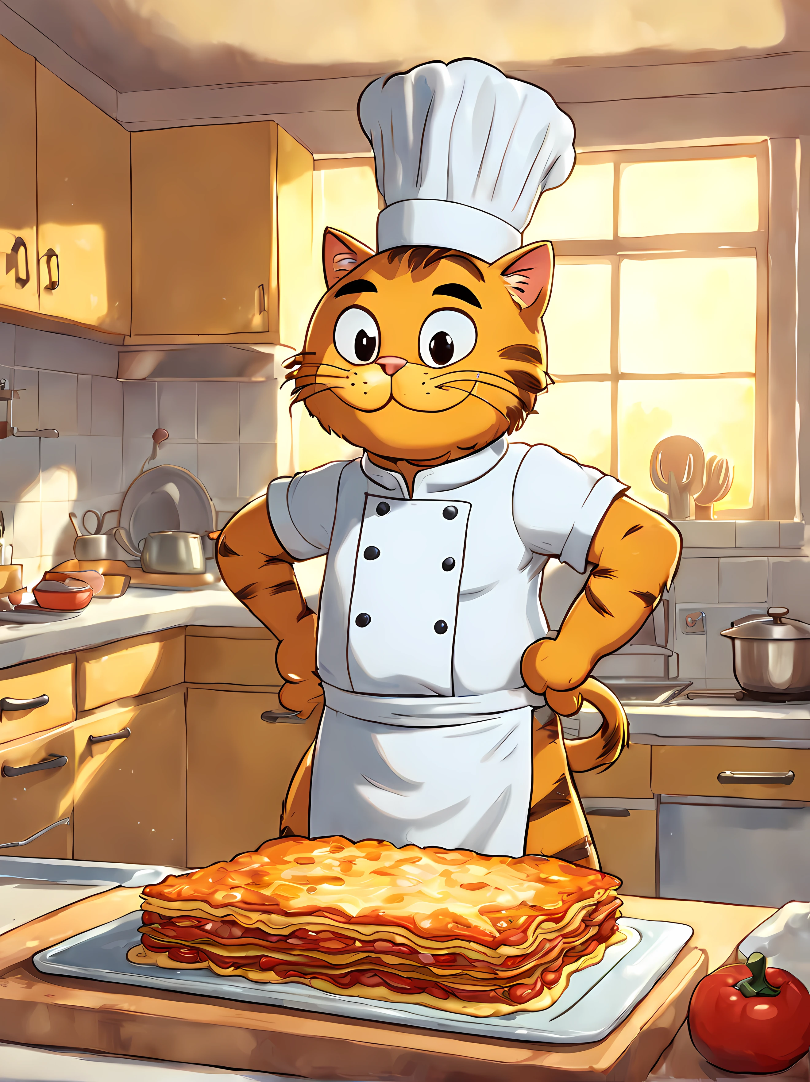 (symmetrical:1.3), (cute cartoon style:1.3), (solo:1.3), (mid shot:1.3), ((Garfield)), the iconic tabby, finds himself in a highly detailed kitchen, Garfield stumbling upon a magical lasagna, cooker uniform, masterpiece, 4k, highly detailed kitchen, shiny masterpiece, 4k, highly detailed, shiny