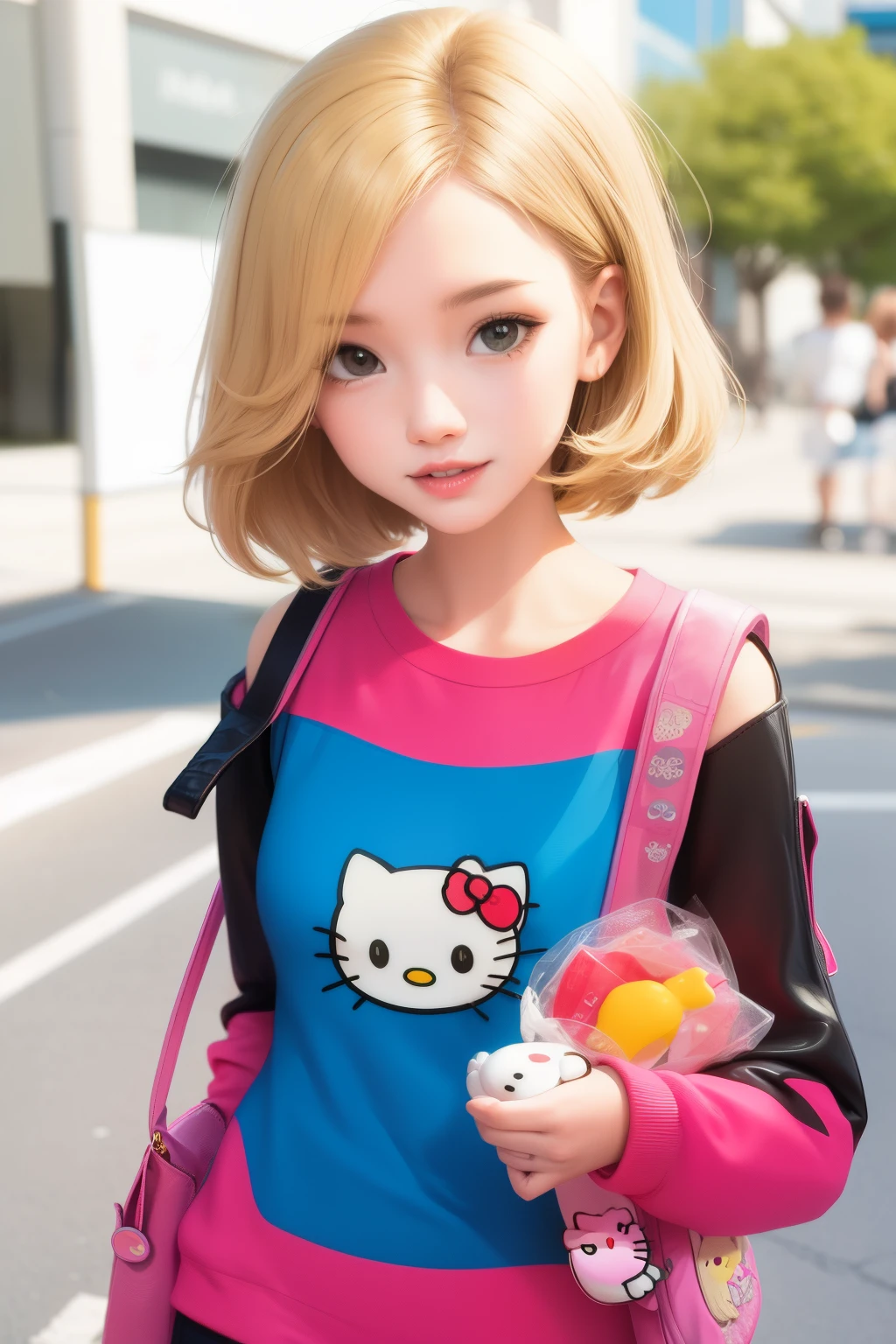 Cartoon hello kitty with shoulder length blonde hair wearing mcbling clothes