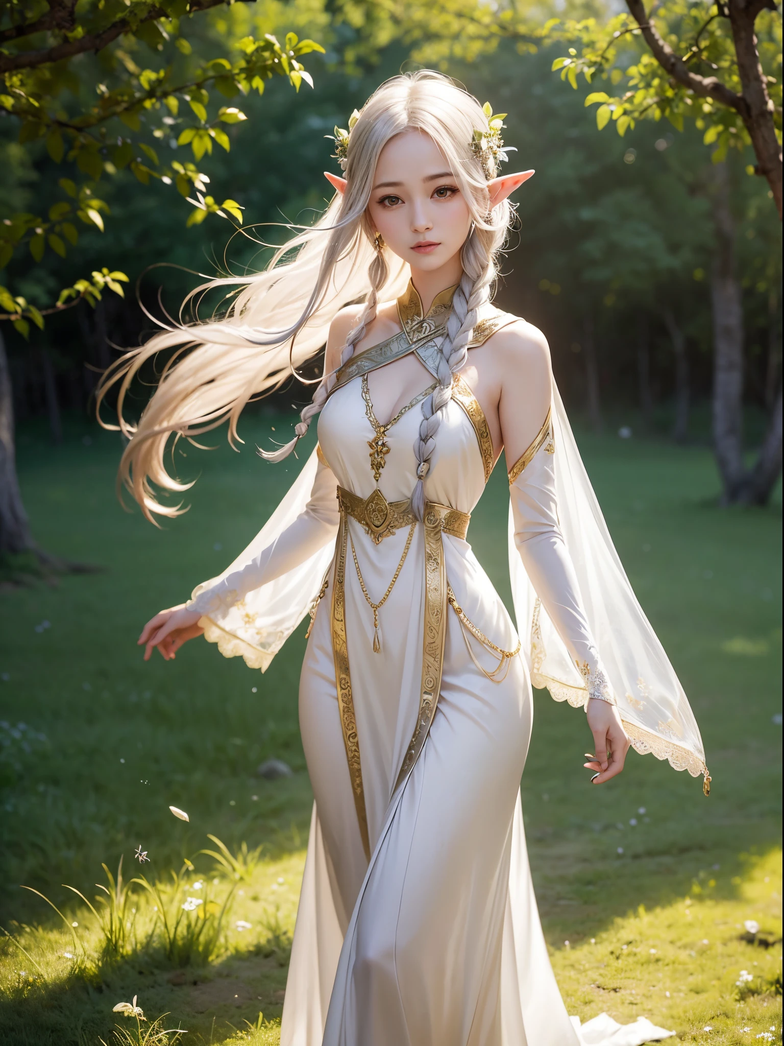 Graceful elven girl standing in meadow, Delicate face illuminated by the soft light of the setting sun. Her long, Flowing hair runs down your back, Decorated with intricate braids、Adorned with sparkling gemstones. This great photo is、、、It captures the ethereal beauty of elves. Slender figure in silk dress、Swaying in the soft steppe breeze. Attention to detail、Face that is、Face that is、Face that is、Face that is、It is evident in the intricate patterns of the dress and the subtle highlights of the luminescence. skin. The breathtaking portrayal of the elven girl is、、、、、Create an enchanting atmosphere、It invites the viewer to a magical world. transparent blonde hair,