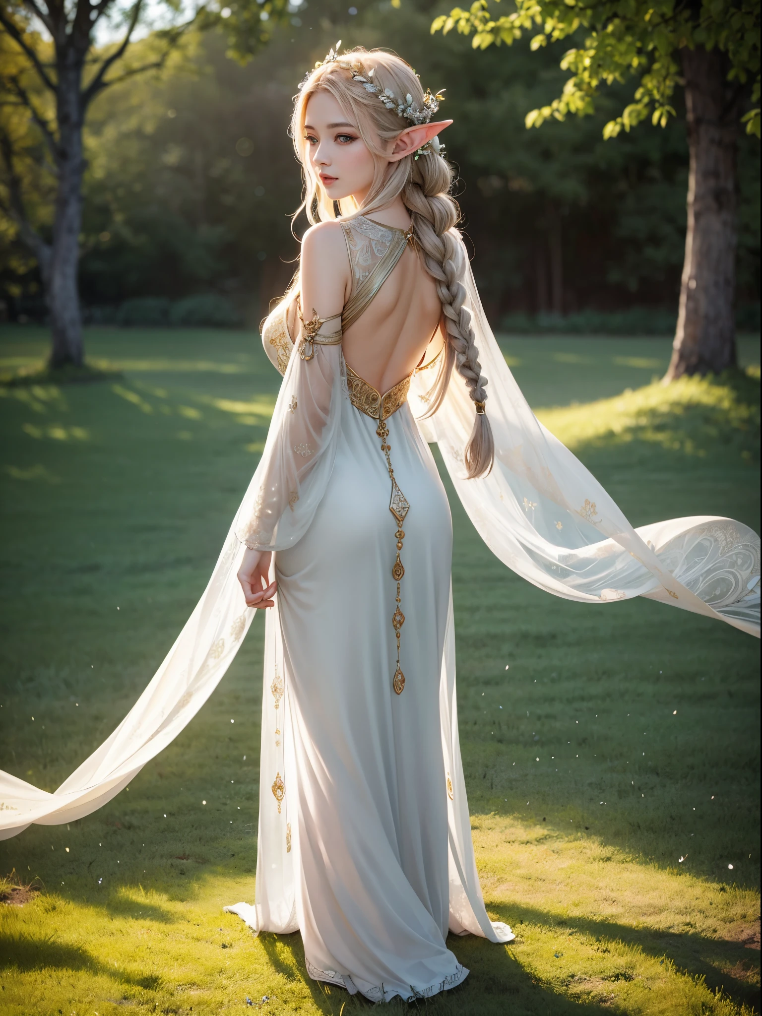 A graceful elf girl stands in a meadow, her delicate features illuminated by the soft light of the setting sun. Her long, flowing hair cascades down her back, adorned with intricate braids and adorned with sparkling jewels. This stunning painting captures the ethereal beauty of elves. Her slender figure in a silk dress sways in the soft meadow breeze. The artist's attention to detail is evident in the intricate patterns of her dress and the subtle highlights of her luminescence. skin. This breathtaking depiction of an elf girl exudes a sense of enchantment and transports the viewer to a magical world. The beautiful elf magician is awe-inspiring as she holds a magician's staff, uses fireball magic, and is about to defeat the Demon King with explosion magic.