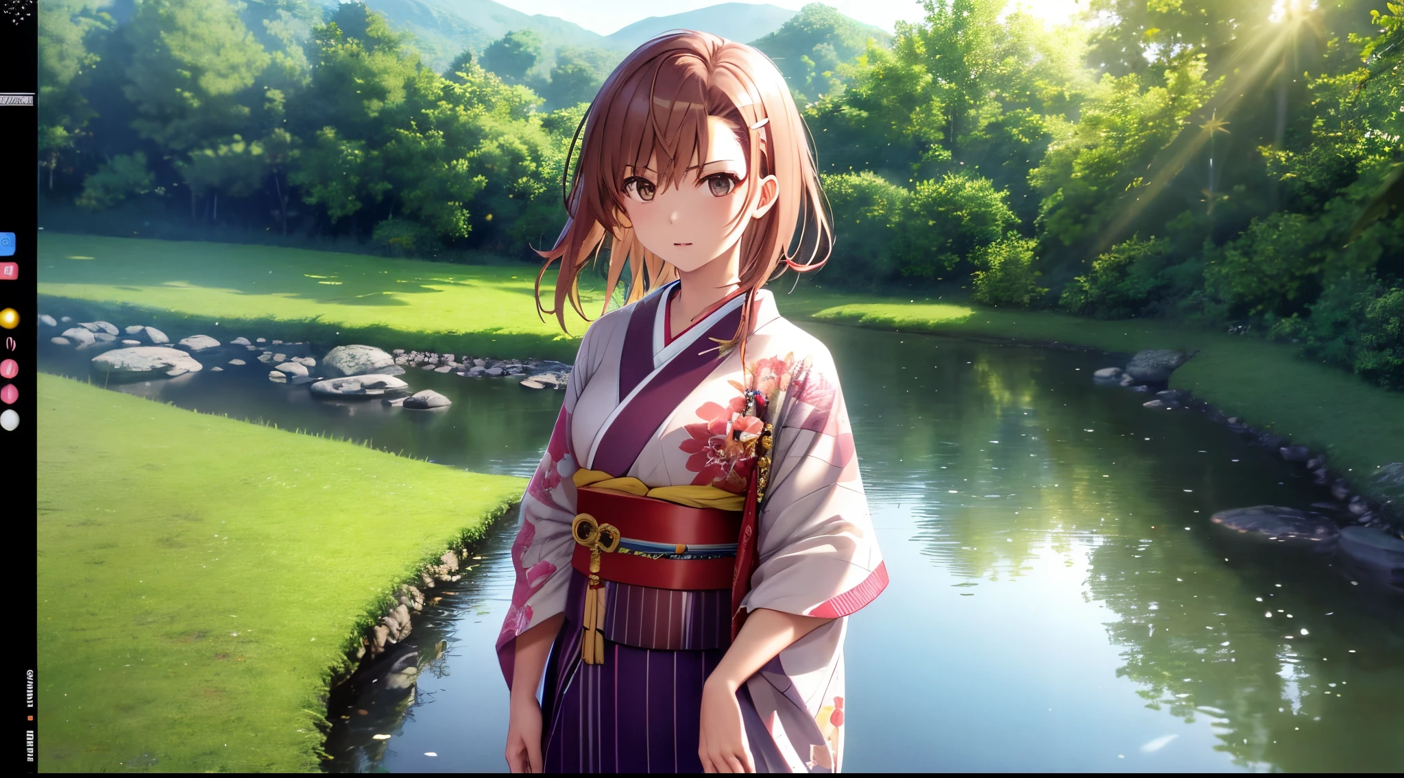 Misaka mikoto, 1girl, kawaii, solo, chestnut hair, hairpin,brown eyes, standing, looking at viewer,kimono,praying beads on neck, long skirt,flowers field river in background,anime style,deep depth of field,wide angle view,Lumen Reflections,Screen Space Reflections,Diffraction Grading,Chromatic Aberration,GB Displacement,Scan Lines,Ray Traced,Anti-Aliasing,FXAA,TXAA,RTX,SSAO,Shaders,OpenGL-Shaders,GLSL-Shaders,Post Processing,Post-Production,cell Shading,Tone Mapping,CGI,VFX,SFX,insanely detailed and intricate, 4K