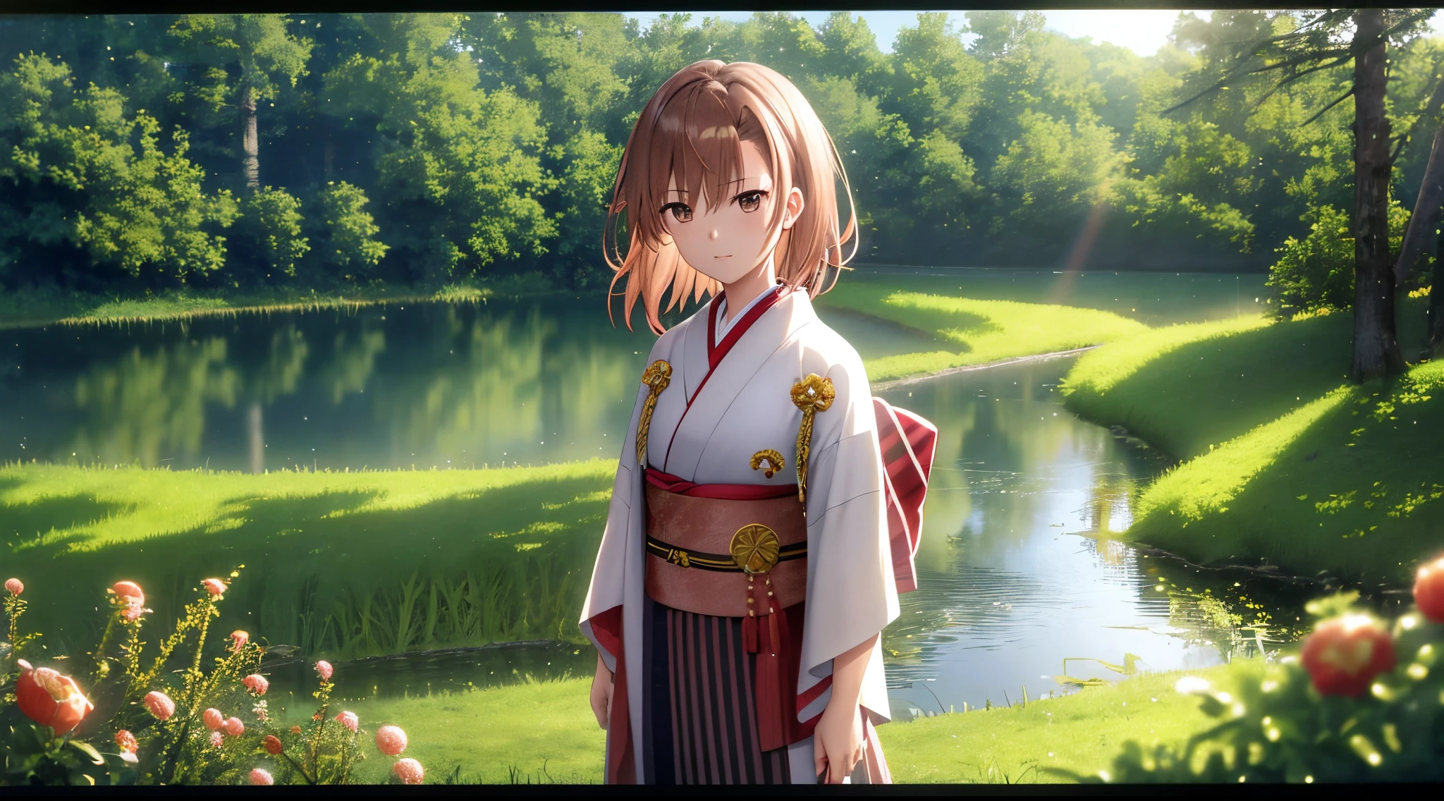 Misaka mikoto, 1girl, kawaii, solo, chestnut hair, hairpin,brown eyes, standing, looking at viewer,kimono,praying beads on neck, long skirt,flowers field river in background,anime style,deep depth of field,wide angle view,Lumen Reflections,Screen Space Reflections,Diffraction Grading,Chromatic Aberration,GB Displacement,Scan Lines,Ray Traced,Anti-Aliasing,FXAA,TXAA,RTX,SSAO,Shaders,OpenGL-Shaders,GLSL-Shaders,Post Processing,Post-Production,cell Shading,Tone Mapping,CGI,VFX,SFX,insanely detailed and intricate, 4K