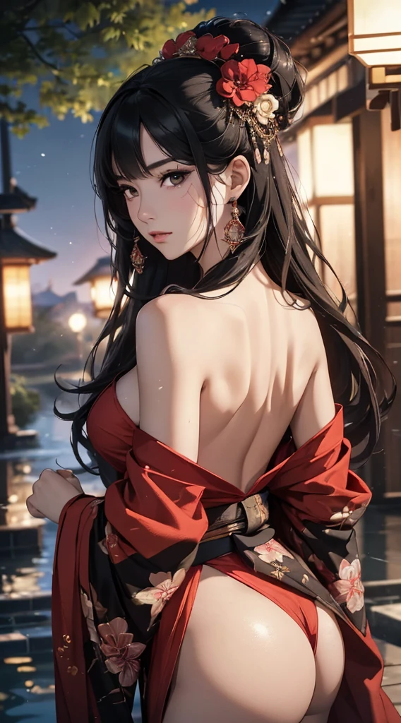 (((8k wallpaper of extremely detailed CG unit, masterpiece, 超A high resolution:1.2, top-quality:1.2, masutepiece))), ((extremely beautiful lady, Not wearing underwear, Small, is standing, Face your butt to the viewer, Pull up hair with your hands, submerged in water, sad Facial expression)), ((extra detailed face, Highly detailed black eyes, extra detailed body, Top quality real texture skins)), (A dark-haired, Light pink eyeshadow:1.2, de pele branca, Sexy black and red kimono:1.2, off shoulders, Exposed buttocks, exposed shoulder, Exposed thighs), ((plein air, natta:1.8, lantern)), hyper realisitic, digitial painting,