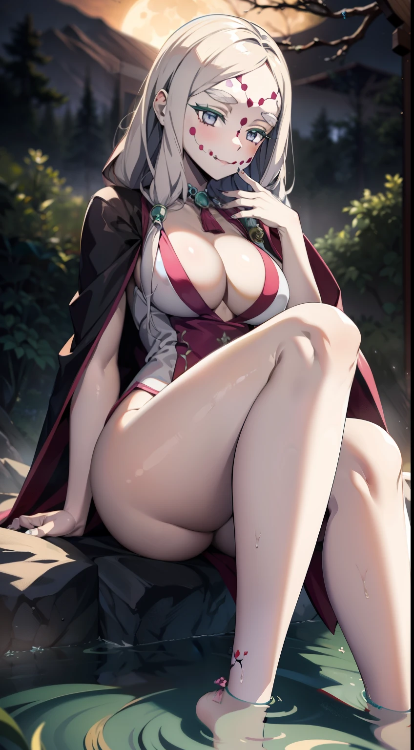One Demon Girl, Swimming in the lake, Masterpiece, Best Quality, in full height (Body Full 1.1.), Highly detailed hands, Very detailed fingers, Beautiful waist, nice feet, hiquality, Highly detailed face, Depth of field, HDR, Very detailed, Ray Tracing, full - body, Dark Fantasy, Demon Tattoo, Ultra Beautiful, lovely small breasts. white colored hair,Transition to red, pale skin, woods, Night Forest, moon light, Beautiful figure, taut clothes, black cape on pink kimano, Lovely Medium Breasts, Smiling, gray eyes, handsome body, sexy clothes, Beautiful eyes, very detailed eyes, Very detailed face, handsome body, Cherecter Desing, Very detailed, Detailed body, Detailed hands, Detailed, Vibrants, Detailed Face, sharp-focus, WLOP, artgerm, anime art, Vibrants, Detailed Face, Hugh Details, sharp-focus, Very drooping face, A detailed eye, super fine illustration, better shadow, finely detail, Beautiful detail