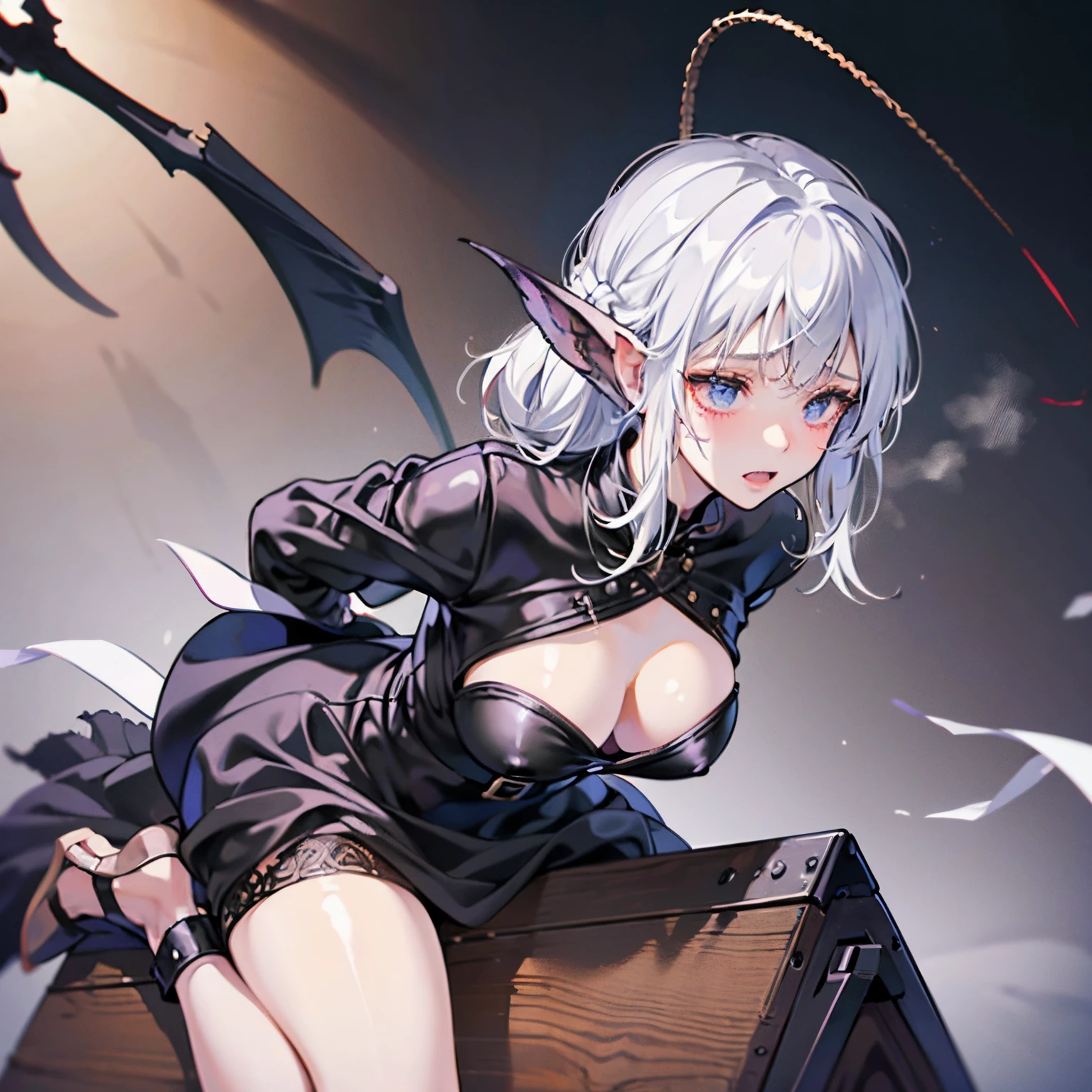 1girl, adult, nsfw, fearful ,bondage,  wooden horse, punishment, medieval fantasy, (white hair, beautiful, fearful, black lewd dress, form clothing)