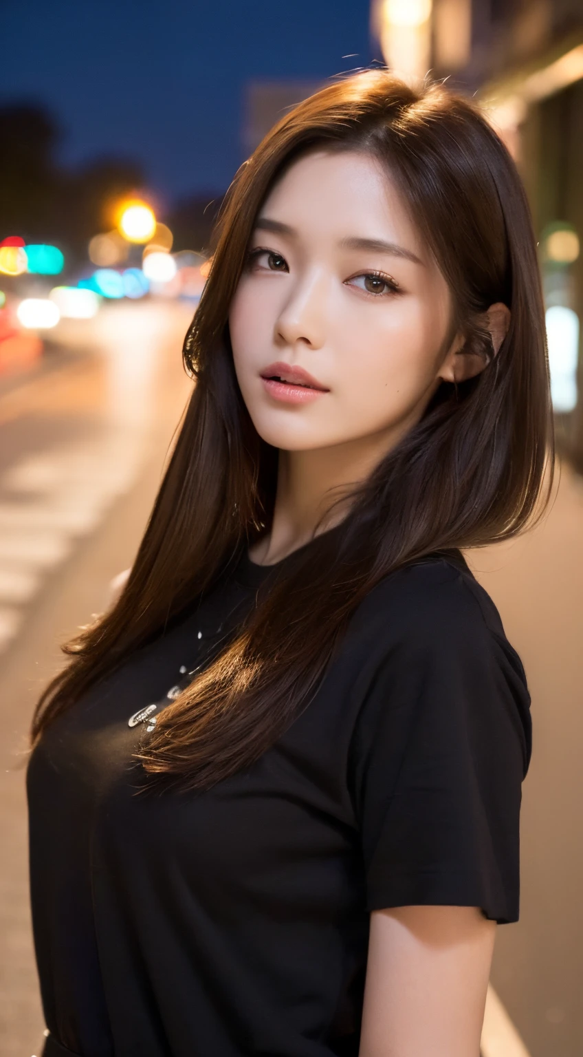 (top-quality、hight resolution、masterpiece:1.3)、Beautie、Very pretty woman、slender figures、dark brown hair、Dark brown T-shirt、(Street in city at night)、Highly detailed facial and skin texture、A detailed eye、二重まぶた