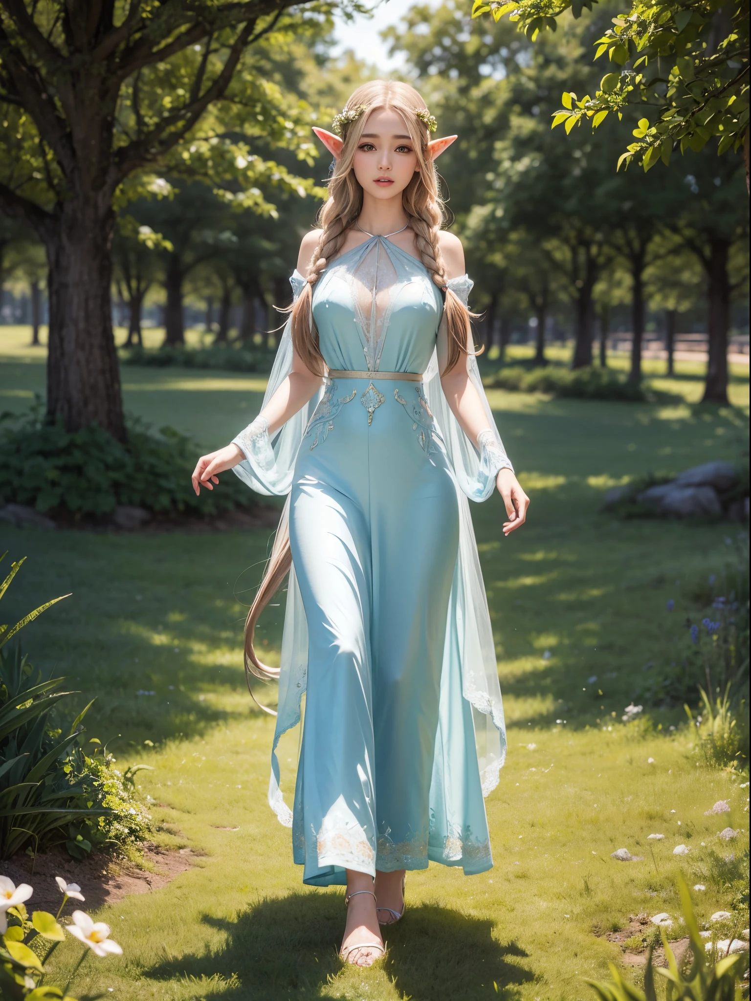 Graceful elven girl standing in meadow, Delicate face illuminated by the soft light of the setting sun. Her long, Flowing hair runs down your back, Decorated with intricate braids、Adorned with sparkling gemstones. This great photo is、、、It captures the ethereal beauty of elves. Slender figure in silk dress、Swaying in the soft steppe breeze. Attention to detail、Face that is、Face that is、Face that is、Face that is、Face that is、It is evident in the intricate patterns of the dress and the subtle highlights of the luminescence. skin. The breathtaking portrayal of the elven girl is、、、、、、Create an enchanting atmosphere、It invites the viewer to a magical world.