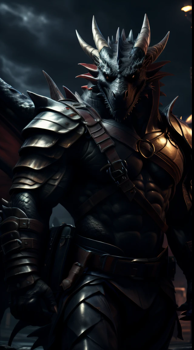 A dragon man, muscular, illustration, (best quality, 4k, highres, masterpiece:1.2), ultra-detailed, realistic, horror, sharp focus, vivid colors, nighttime lighting, rock abs, light armor, black body with scales, white eyes, in motion, hooded
