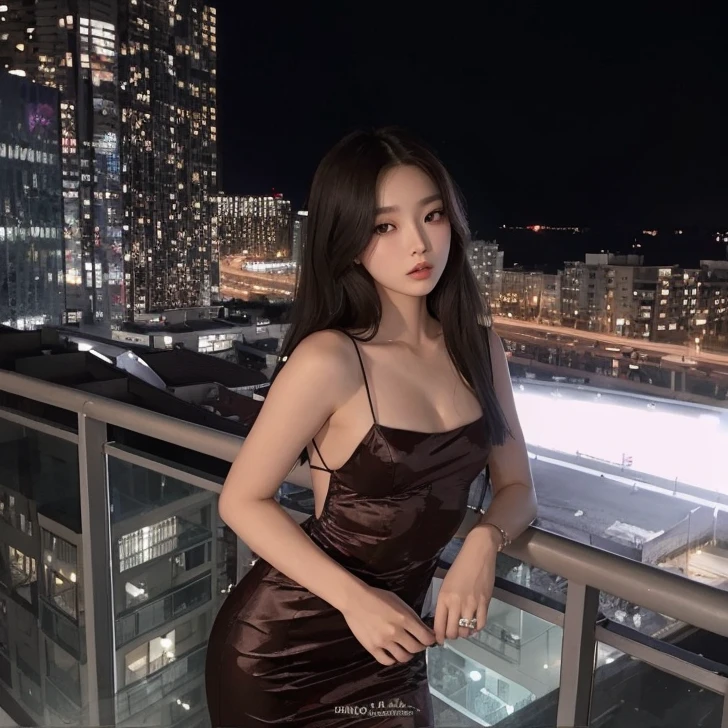 araffe woman in a dress posing on a balcony at night, gorgeous young korean woman, korean girl, beautiful south korean woman, beautiful young korean woman, blackpink jennie, in the city, beautiful asian girl, korean woman, with a city in the background, asian girl, heonhwa choe, gorgeous lady, sexy dress, a young asian woman