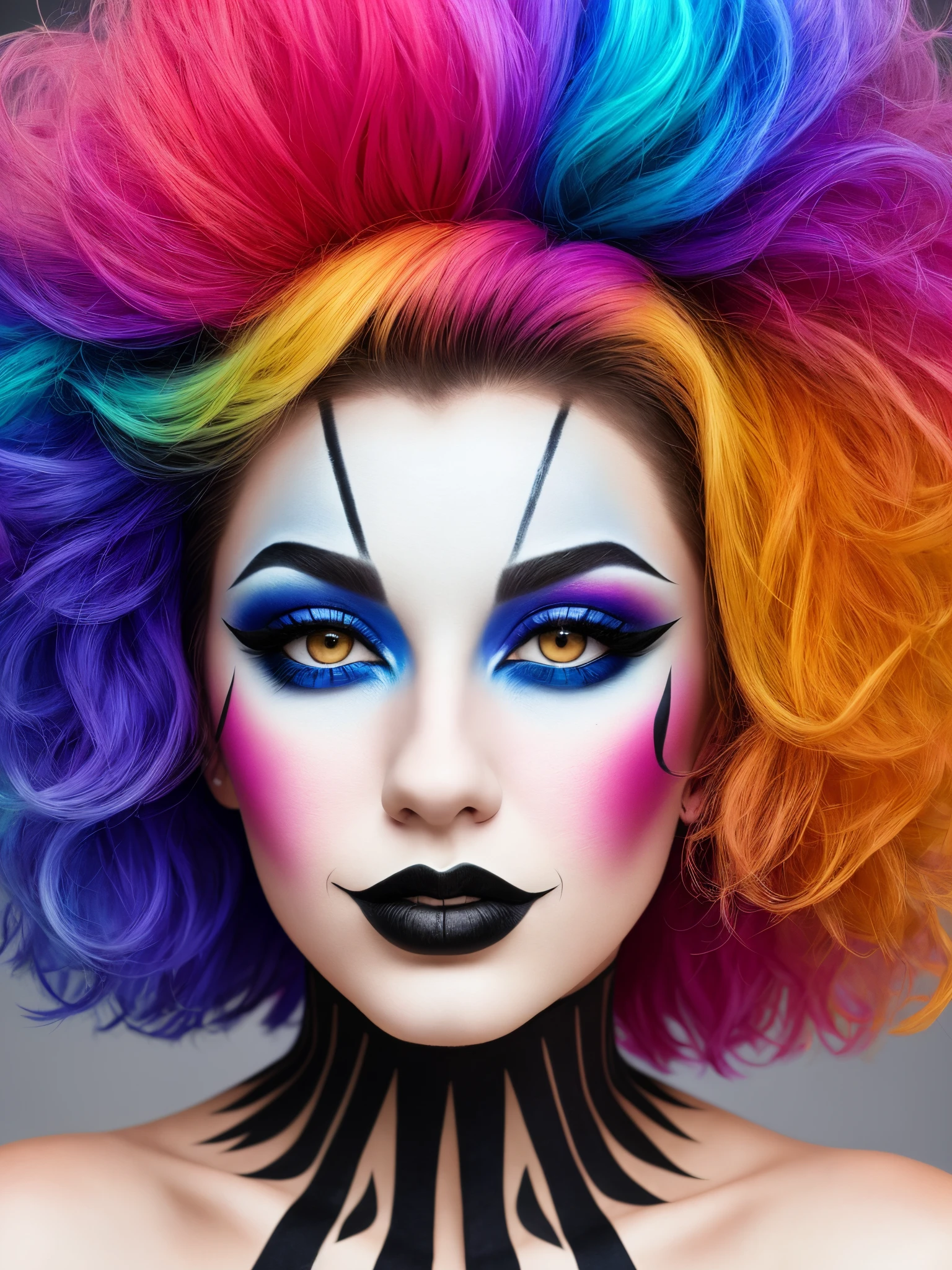 Realistic high quality resolution photo of a person with abstract colorful makeup with graphic eyeliner clownish and gothic inspired design