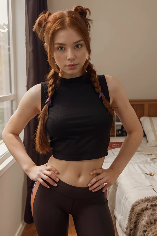 Penny pax redhead long hair braids long ponytail glasses blushing dark eyes mascara eyeshadow collar jewellery chains earrings wet yoga pants tight sports bra breast overflow standing active side angle