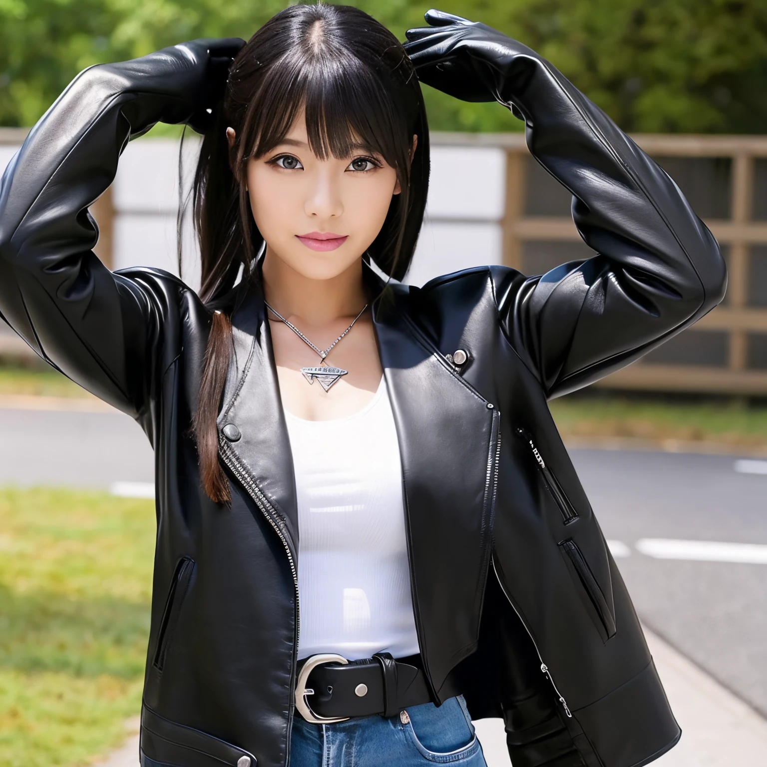 Black leather gloves　Black Leather Double Rider's Jacket　Black leather long boots　Black Leather Skinny Pants　a black T-shirt　a necklace　Black hair straight long　耳Nipple Ring　Cute girl in Japan