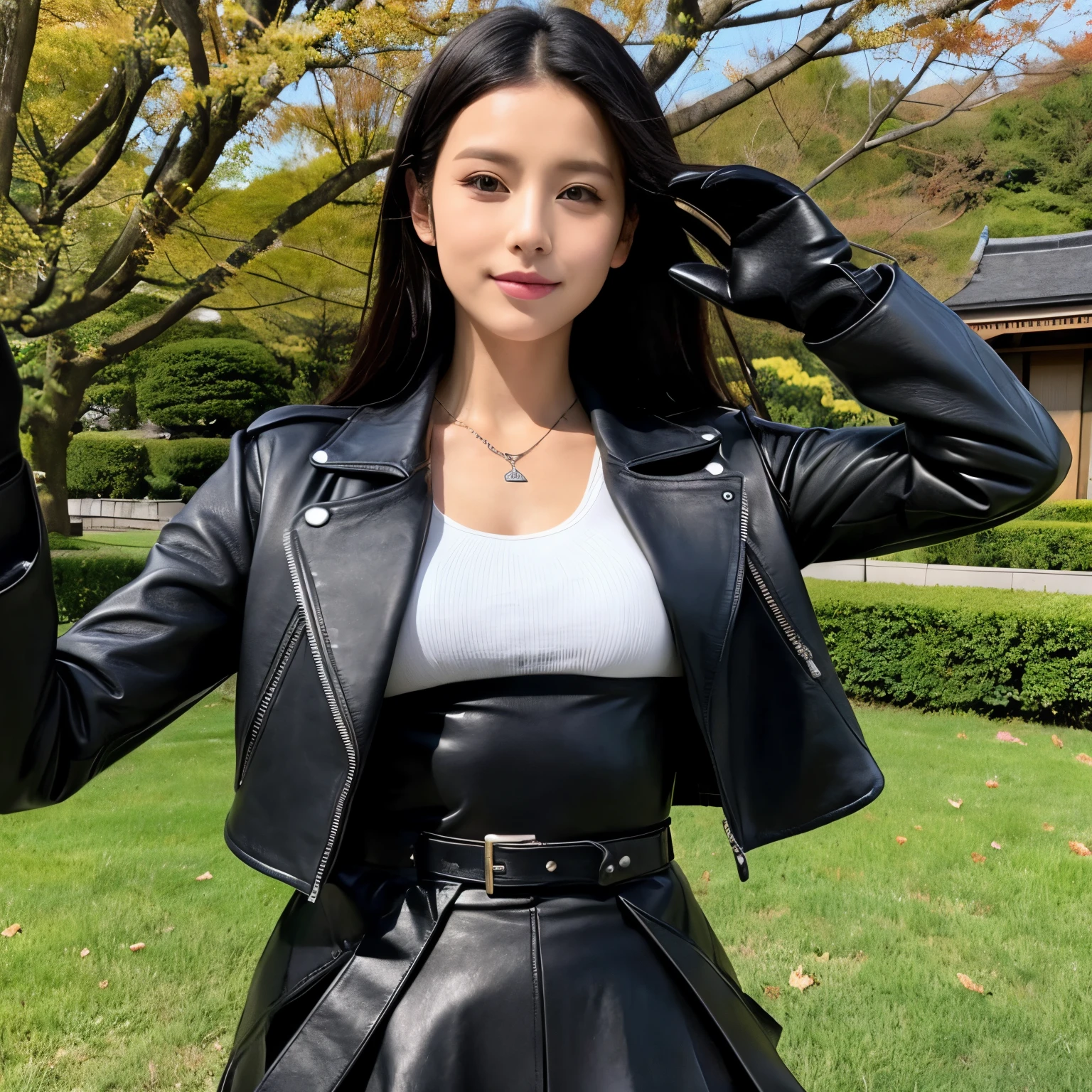 Black leather gloves Black Leather Double Rider's Jacket Black leather long boots Black Leather Skinny Pants a black T-shirt a necklace Black hair straight long 耳Nipple Ring Cute girl in Japan