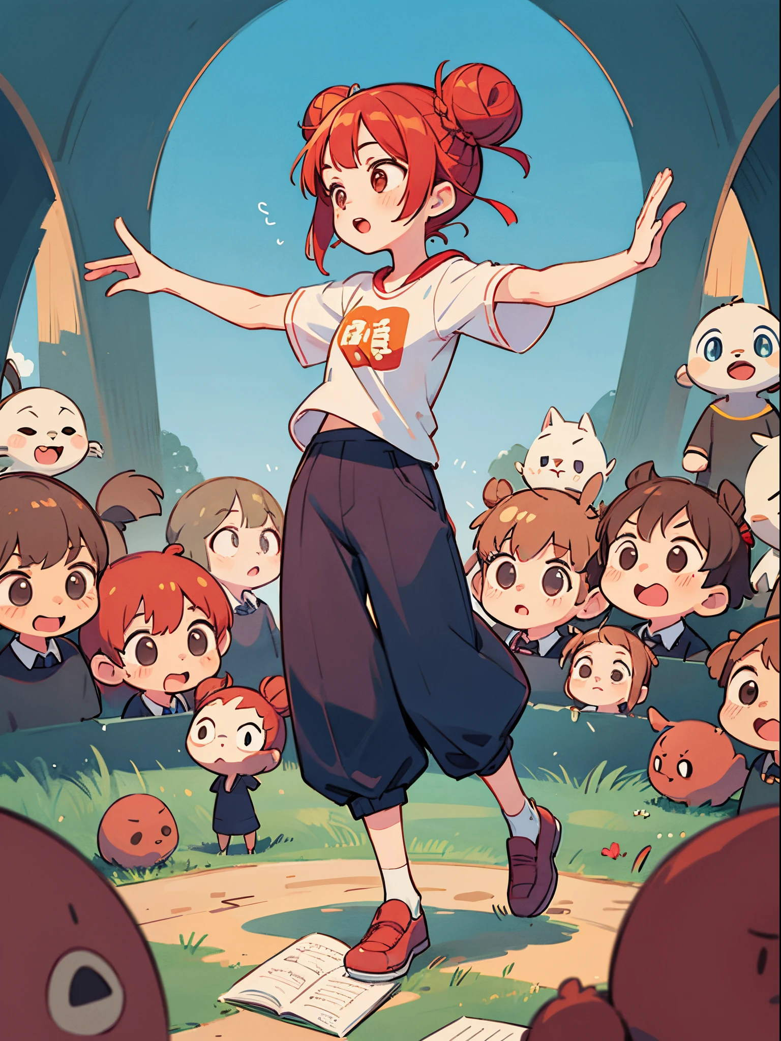 1 girl, red hair, short hair, double bun, 7 years old, singing, singing posture, Ghibli style, picture book style, illustration, full body, Houndstooth Pants, t-shirt, singing, at school