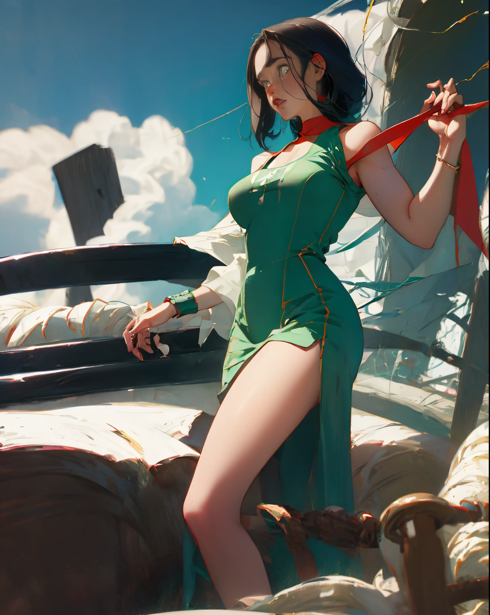 Striding onto an airport tarmac, the Giantess Goddess with emerald green skin and fiery red eyes towers over planes and terminals. Her hair, a cascade of green flames, creates heatwaves that ripple through the air. Normal-sized passengers and crew scatter, but many are too slow, crushed under her immense feet. She scoops up the survivors, pressing them against her emerald curves, their struggles fueling her fiery lust.
