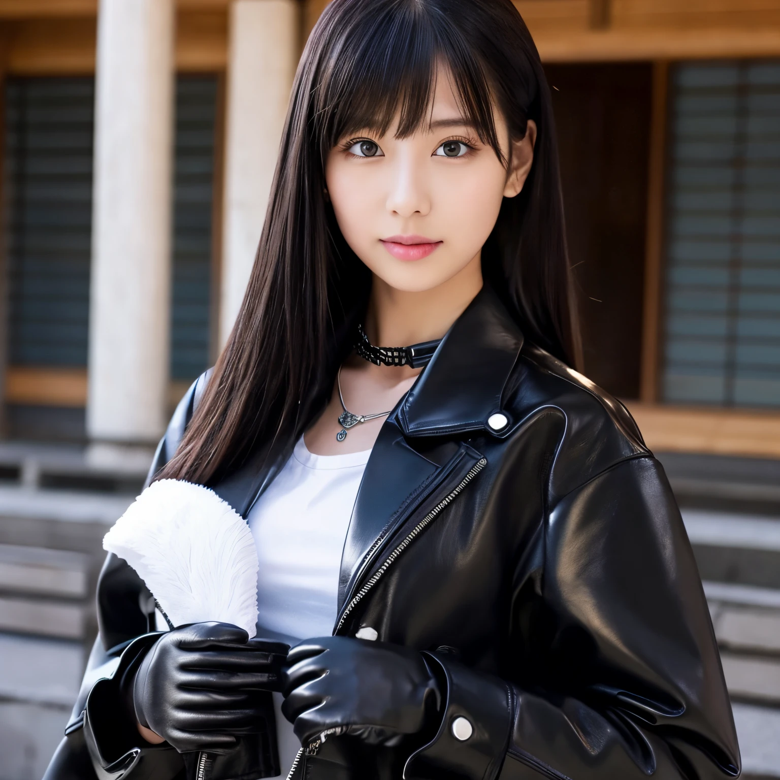 Black leather gloves Black Leather Double Rider's Jacket Black leather long boots Black Leather Skinny Pants a black T-shirt a necklace Black hair straight long 耳Nipple Ring Cute girl in Japan