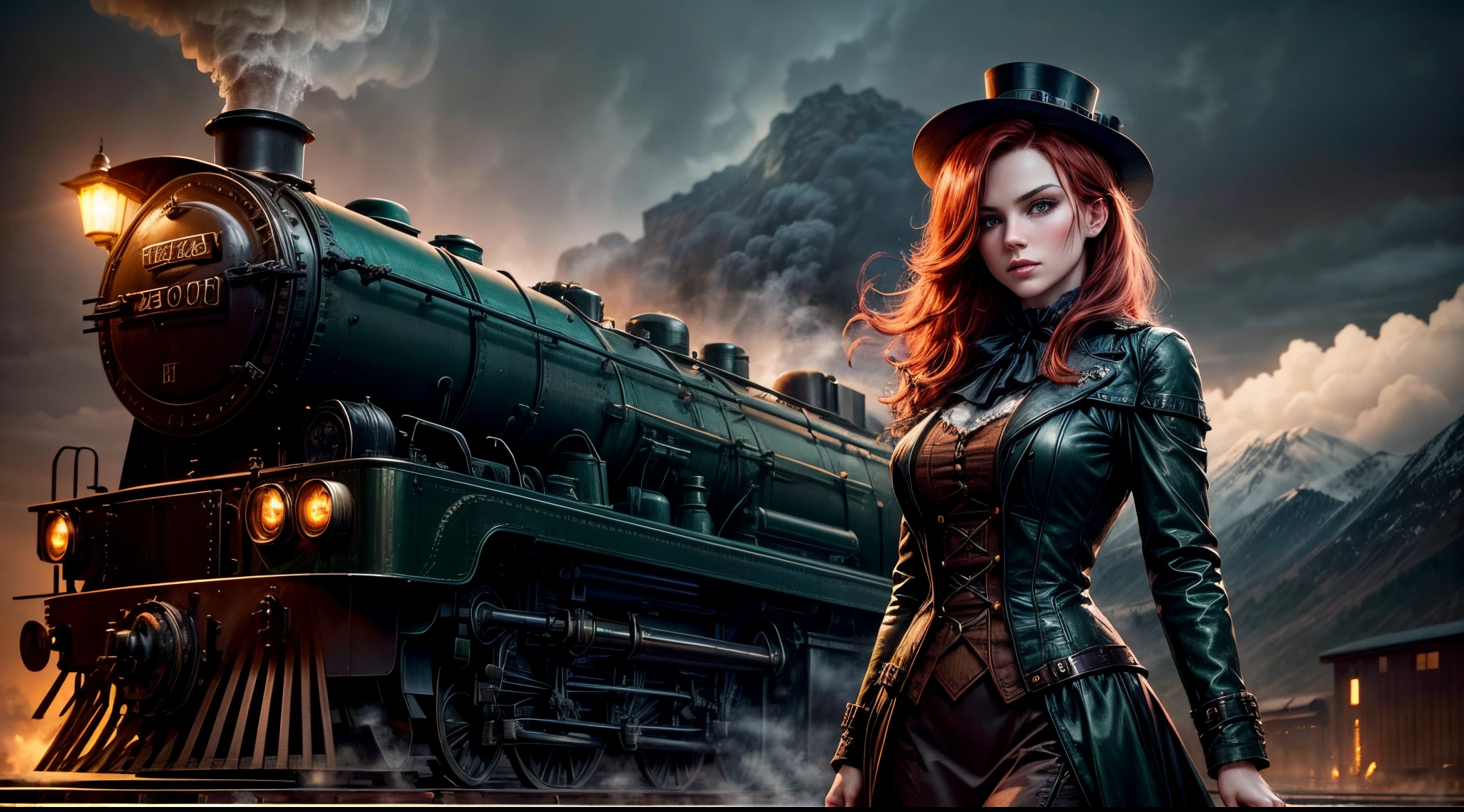 (best quality,4k,8k,highres,masterpiece:1.2),ultra-detailed,(realistic,photorealistic,photo-realistic:1.37),one train,dark landscape background,moody atmosphere,ominous clouds,twilight sky,silhouettes of trees and mountains,steam rising from the train,mysterious shadows,heavy fog,moonlit scene,majestic scenery,faraway mountains,reflective lake,crisp air,melancholic mood,vibrant colors,vintage steam locomotive,echoing train whistle,lonesome feeling,smoke billowing from the train,captivating anticipation,subtle highlights and shadows,distant city lights,Gothic architecture,lonely railway track,nighttime serenity, a woman red hair, beautiful face, green eyes, sexy pose, pinup art, wearing (steampunk medium length dark green dress) with leather boots and green top hat (1.6 intricate details, Masterpiece, best quality), thick hair, long hair, auburn red hair, fair skin intense ((brown)) eyes, in front of train on the tracks in a (train yard),