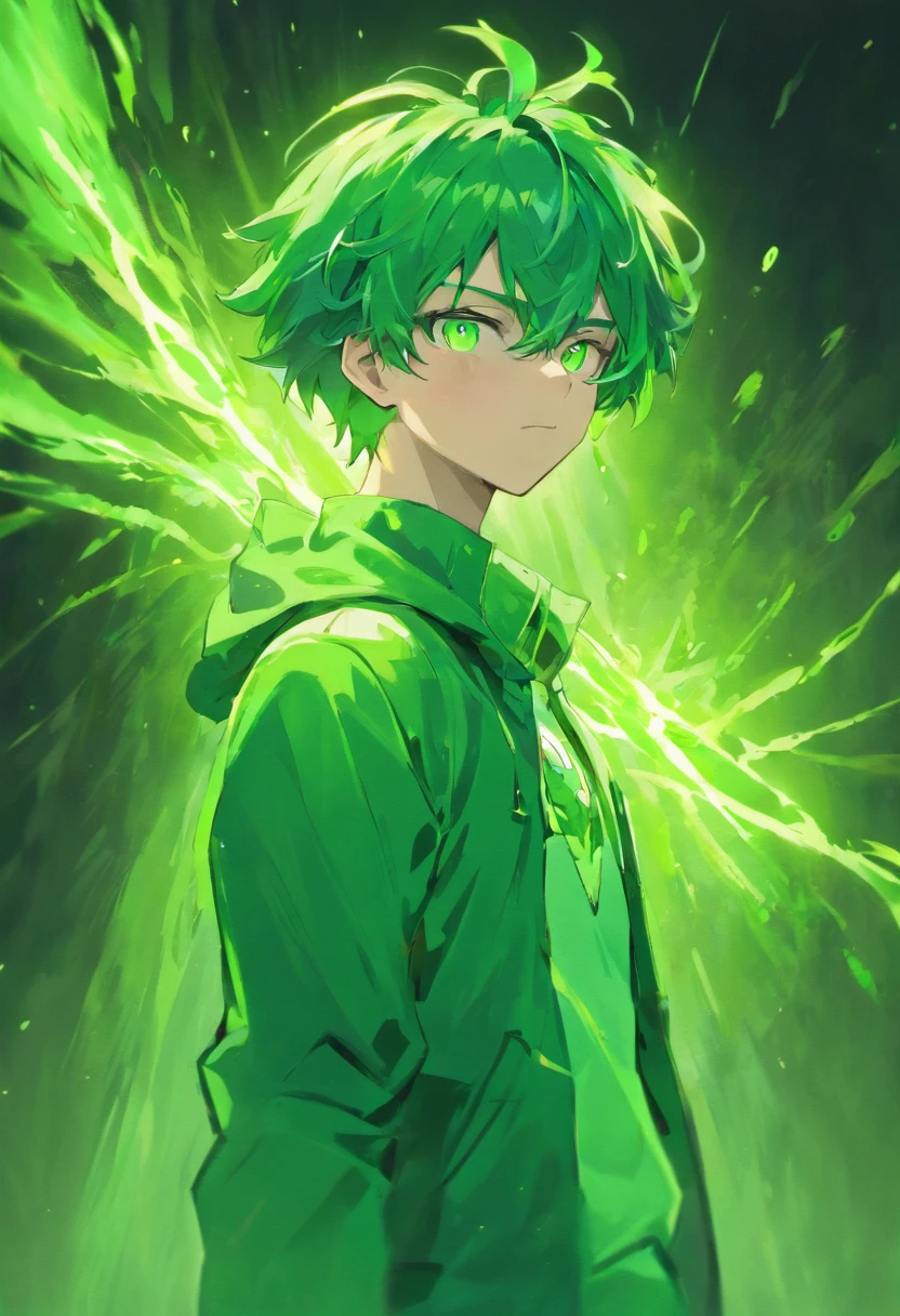 My hero academia art style, boy, green hair, emerald green eyes, enchanting, U.A. hero student, visible green aura resonating from body, green lightning surging from eyes, amazing yet edgy torn up hero costume, dark expression