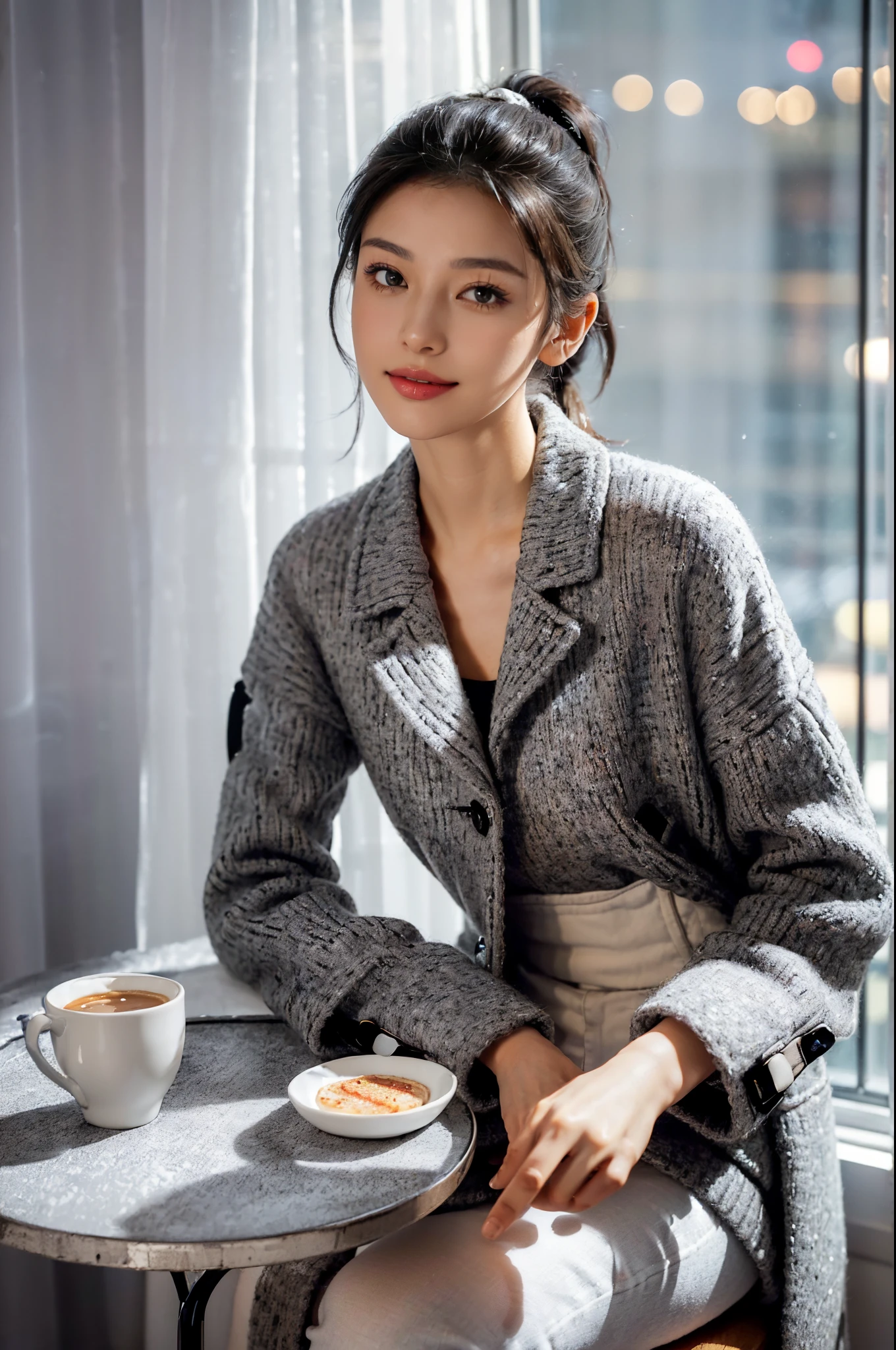 (shoulder-length straight black bob hair:1),((((8k))),((Extremely meticulous CG)) ,(wallpaper),16k,((Extremely refined and beautiful))，(((Masterpiece))),(((best qualtiy))),(((Ultra High Resolution))),beautiful light up，Perfect lightning，realistic shaded，[A high resolution],(Smooth and flawless fair skin:1.?????tremely exquisite facial details,(perfect body：1.1),ultra - detailed,A beautiful girl,small head,((very short ponytail)),small face,Exquisite makeup,(Small ???????:1.1),Flat chests，slim，thin,happy Smile,(light gray woolen coat:1.3),(underneath the coat is white shirt:1.2),(white pants:1.1),slender legs,(white sneakers:1.1),(night scene:1.5),In a hamburger milk tea fast-food restaurant,bright indoor lighting,((sitting on the chair beside the table by the french window)),(a cup of coffee and a large plate of steaming pizza on the table),(outside the window is a winter night view),looking at viewer,((upper body)),(many people in the room)
