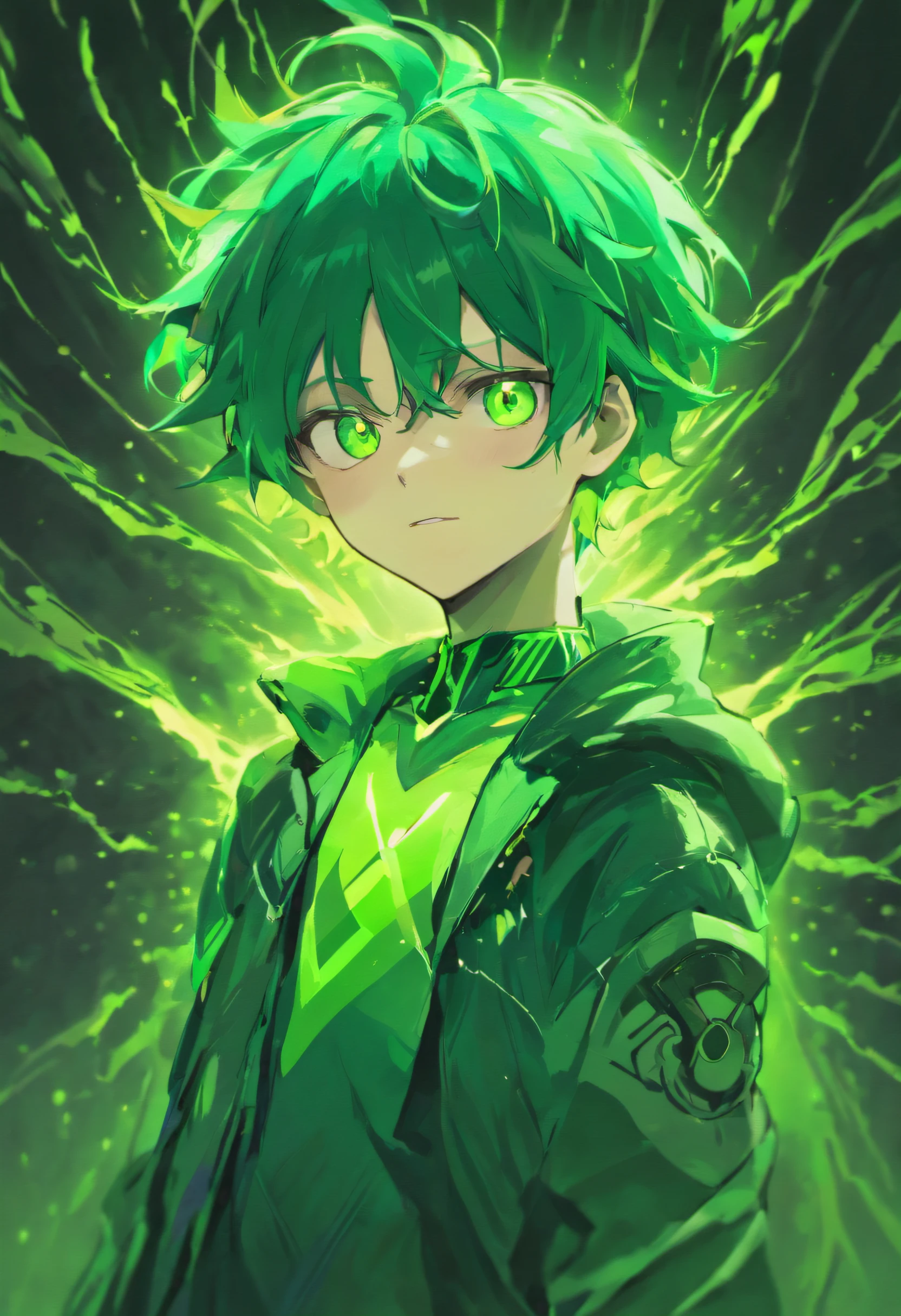 My hero academia art style, boy, green hair, emerald green eyes, enchanting, U.A. hero student, visible green aura resonating from body, green lightning surging from eyes, amazing yet edgy torn up hero costume, dark expression