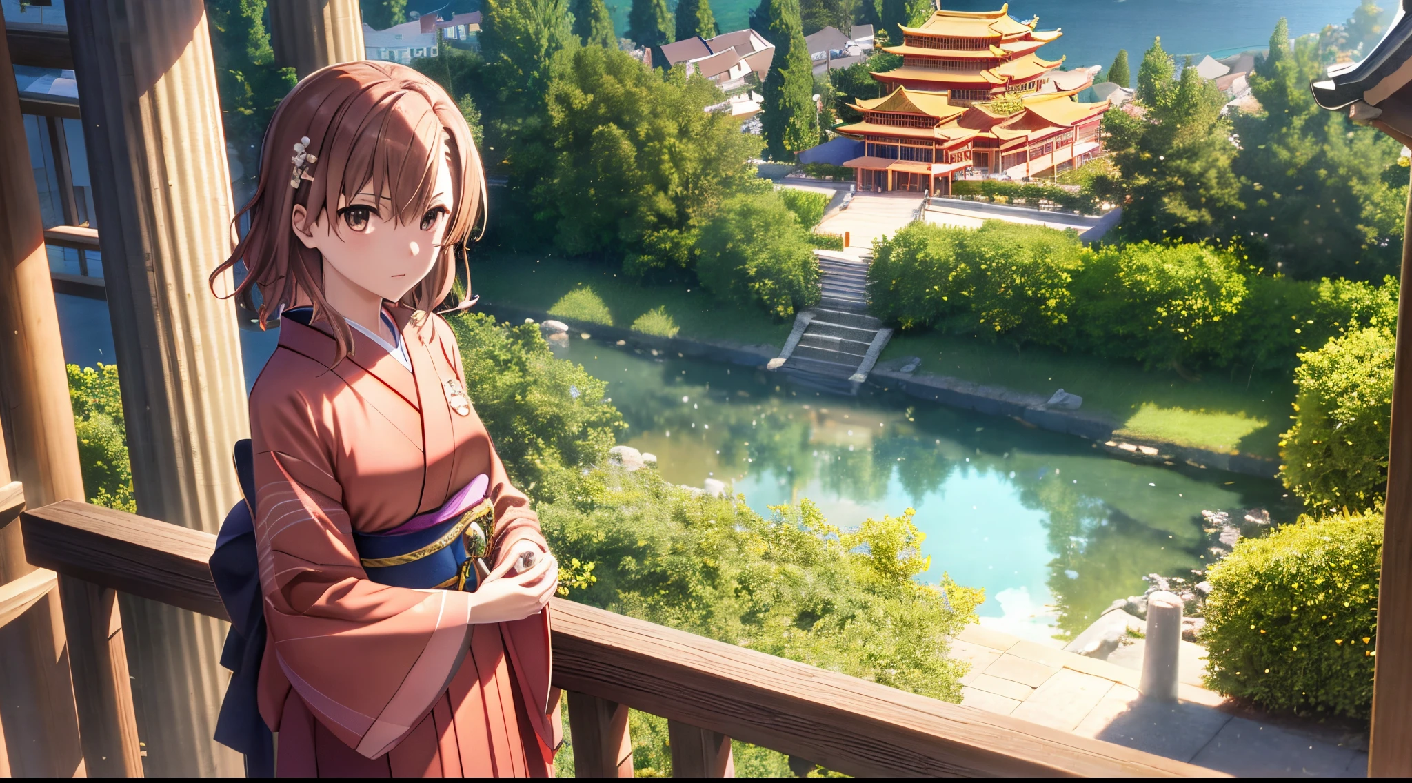 Misaka mikoto, 1girl, kawaii, solo, chestnut hair, hairpin,brown eyes, standing, looking at viewer,kimono,praying beads on neck, long skirt,golden athens temple in background,anime style,deep depth of field,wide angle view,Lumen Reflections,Screen Space Reflections,Diffraction Grading,Chromatic Aberration,GB Displacement,Scan Lines,Ray Traced,Anti-Aliasing,FXAA,TXAA,RTX,SSAO,Shaders,OpenGL-Shaders,GLSL-Shaders,Post Processing,Post-Production,cell Shading,Tone Mapping,CGI,VFX,SFX,insanely detailed and intricate, 4K