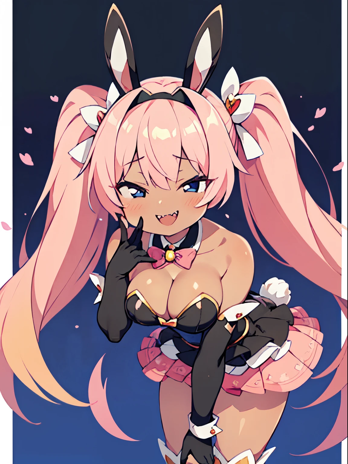 (Front Focus),(simple background:1.1), (Masterpiece, of the highest quality, best, Official art, Beautiful and aesthetic:1.2), game cg, Highly detailed and realistic CG, Colorful, Masterpiece, Best Quality, jewel-like eyes, 1girl, solo, (pink hair:1.5), shiny hair, very long straight hair, twintails, slender, skinny legs, magical girl, prity dress, party dress, black bunny suit, layered mini skirt, panty shot, pink pants, spiky boots, zettairyouiki, black eyes, empty eyes, bursting breasts, sagging breasts, cleavage, black elbow gloves, latex, smirk, smile, jig eyes, jitome, half-closed eyes, tsurime, from pov, best quality eyes, sharp teeth, tsundere, leaning forward, hand on cheek, teasing, smug, open mouth, fangs, tongue out, (Sharp Focus:1.2), big ribbon, cute headdress, luxury boots, dark skin, bunny ears,
