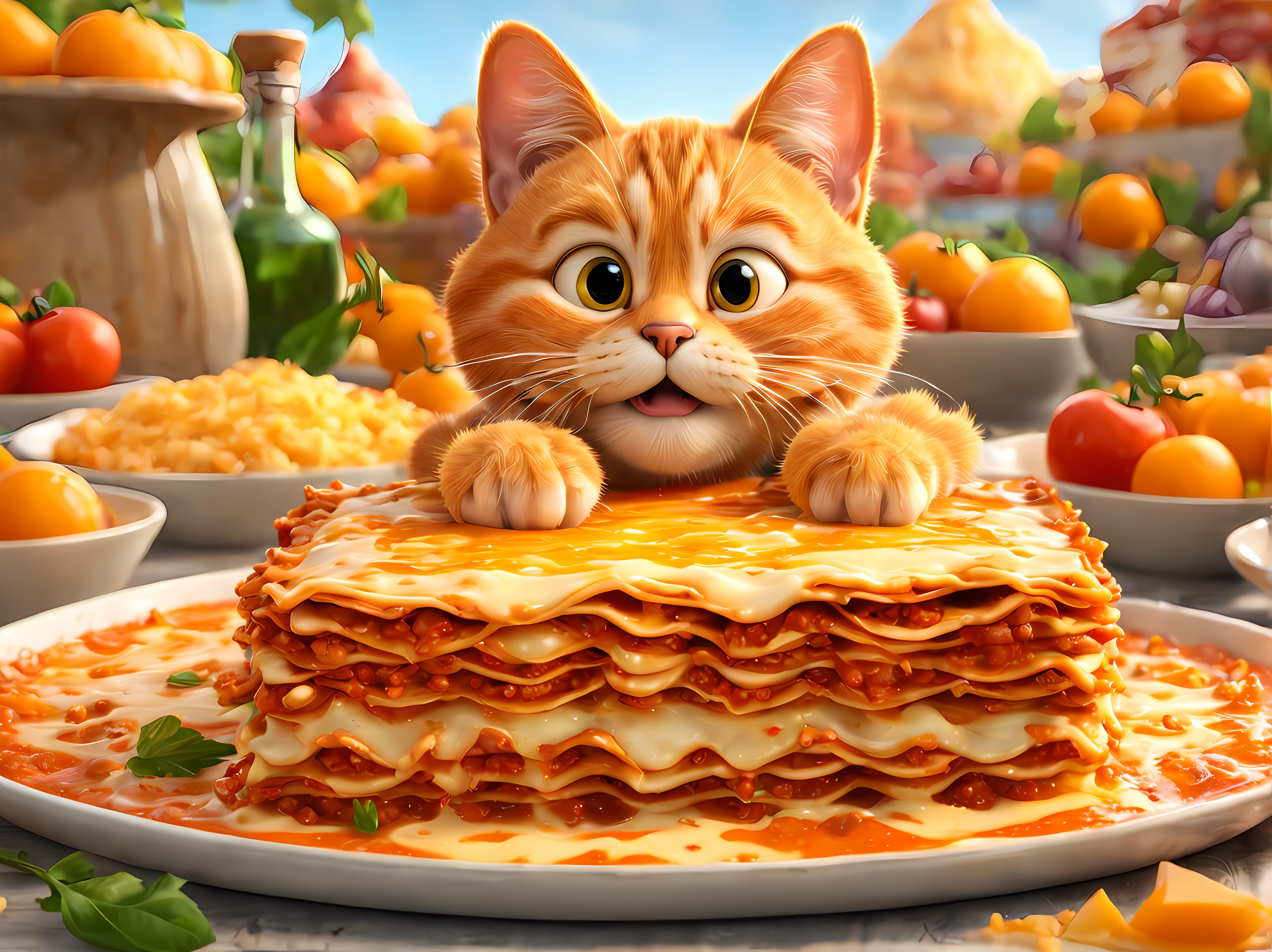 (symmetrical:1.3), (cute cartoon style:1.3), (solo:1.3), (Garfield), the iconic orange tabby, finds himself in a lasagna paradise, Garfield stumbling upon a magical lasagna festival where there are endless trays of his favorite dish, masterpiece, 4k, highly detailed, shiny masterpiece, 4k, highly detailed, shiny