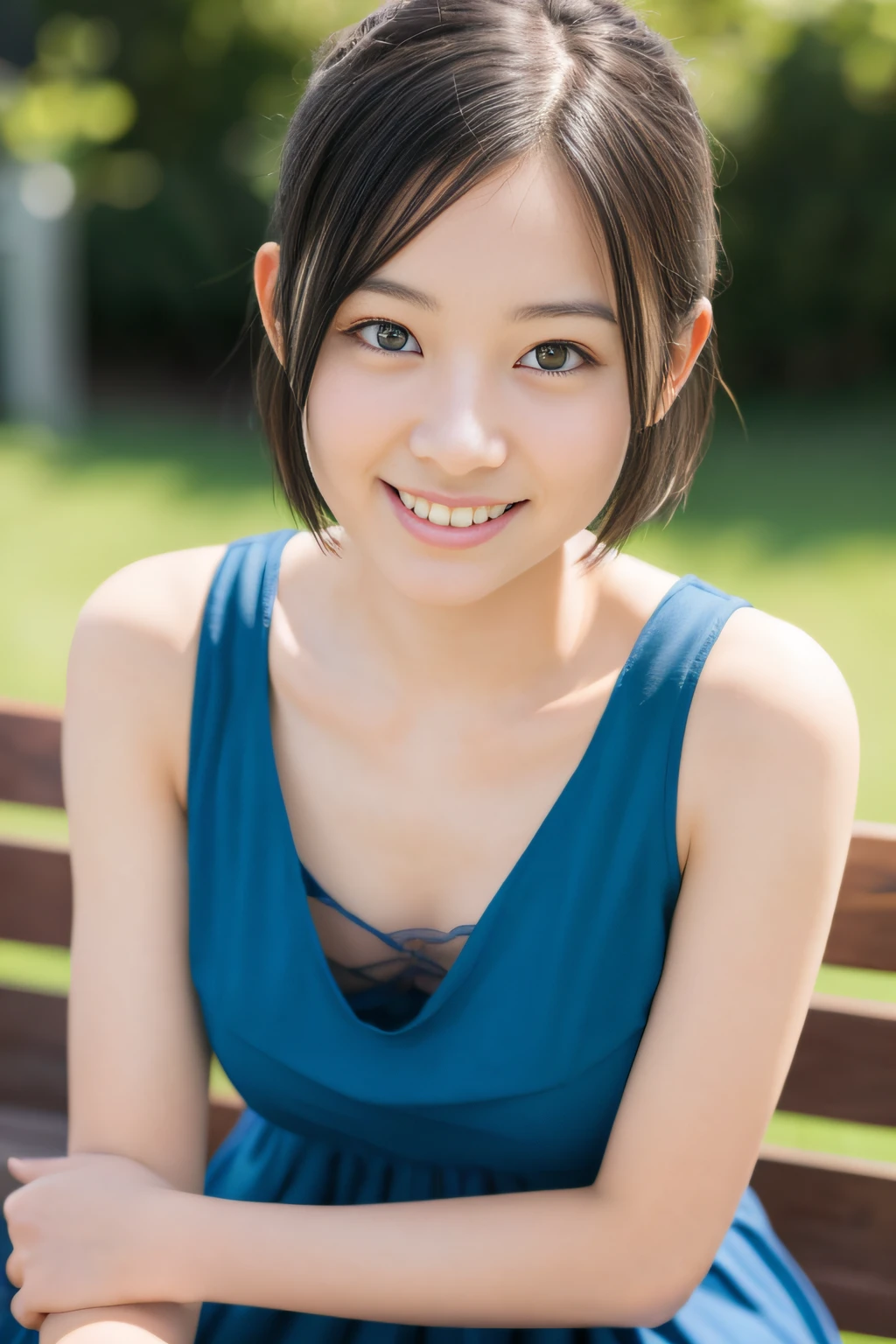 Arafed asian woman in blue dress sitting on a bench - SeaArt AI